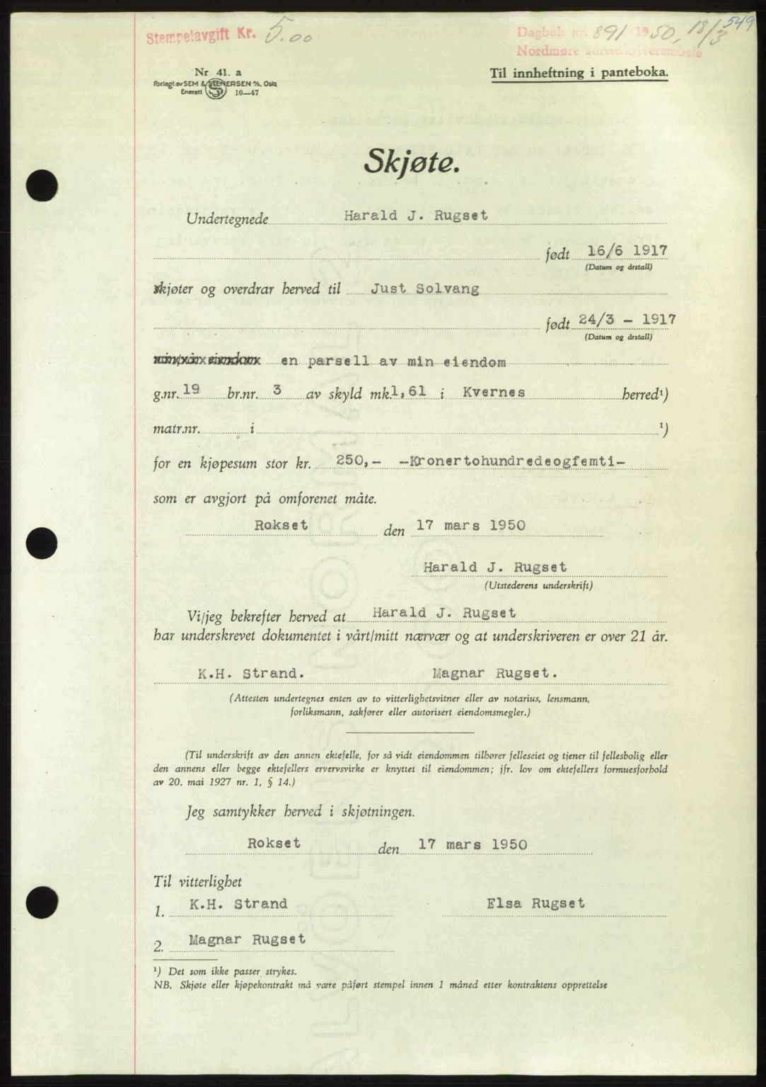 Nordmøre sorenskriveri, AV/SAT-A-4132/1/2/2Ca: Pantebok nr. A114, 1950-1950, Dagboknr: 891/1950