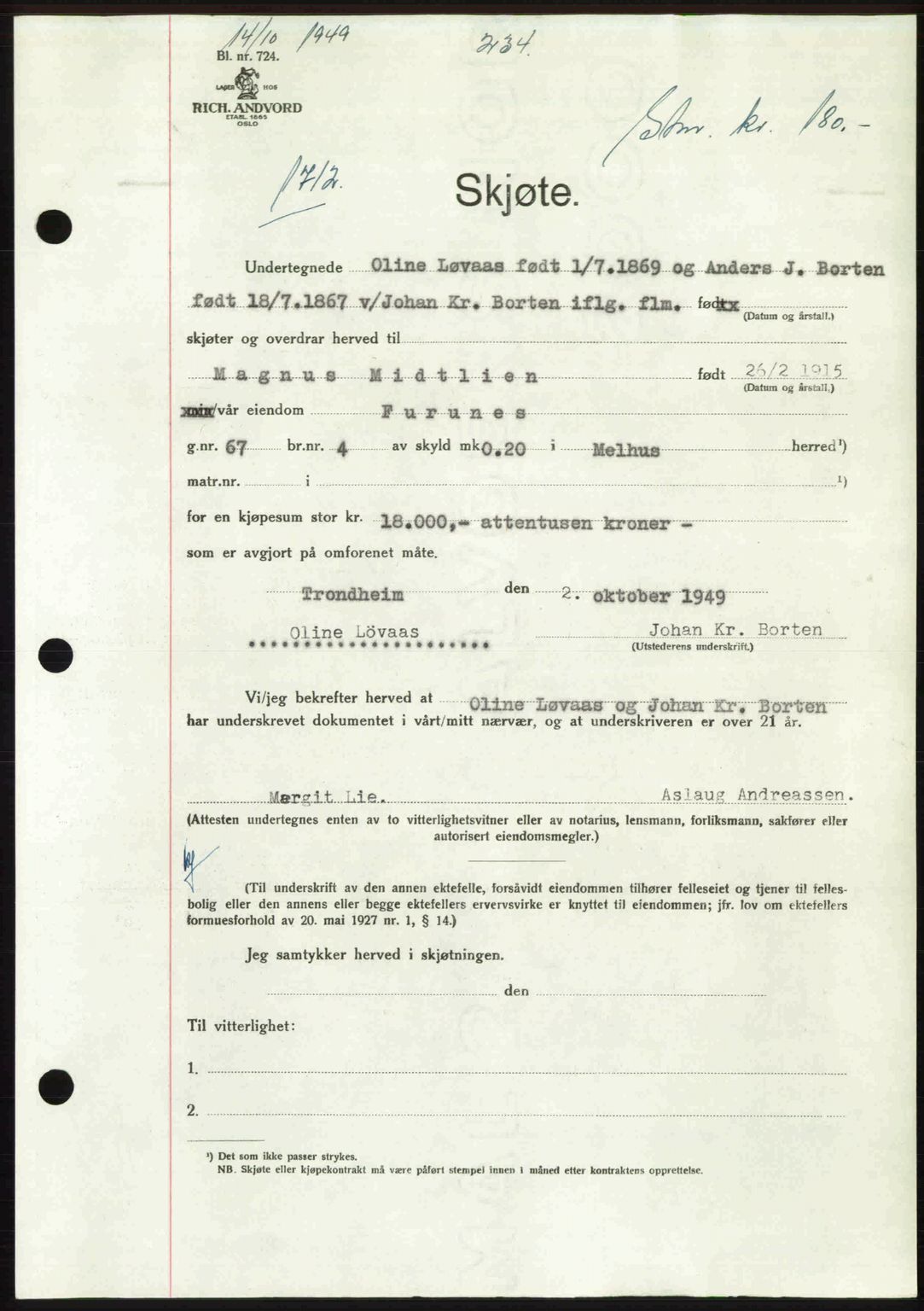 Gauldal sorenskriveri, SAT/A-0014/1/2/2C: Pantebok nr. A8, 1949-1949, Dagboknr: 1712/1949