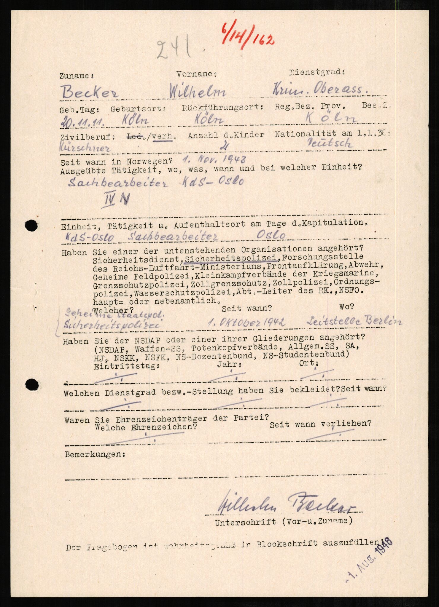 Forsvaret, Forsvarets overkommando II, RA/RAFA-3915/D/Db/L0002: CI Questionaires. Tyske okkupasjonsstyrker i Norge. Tyskere., 1945-1946, s. 352