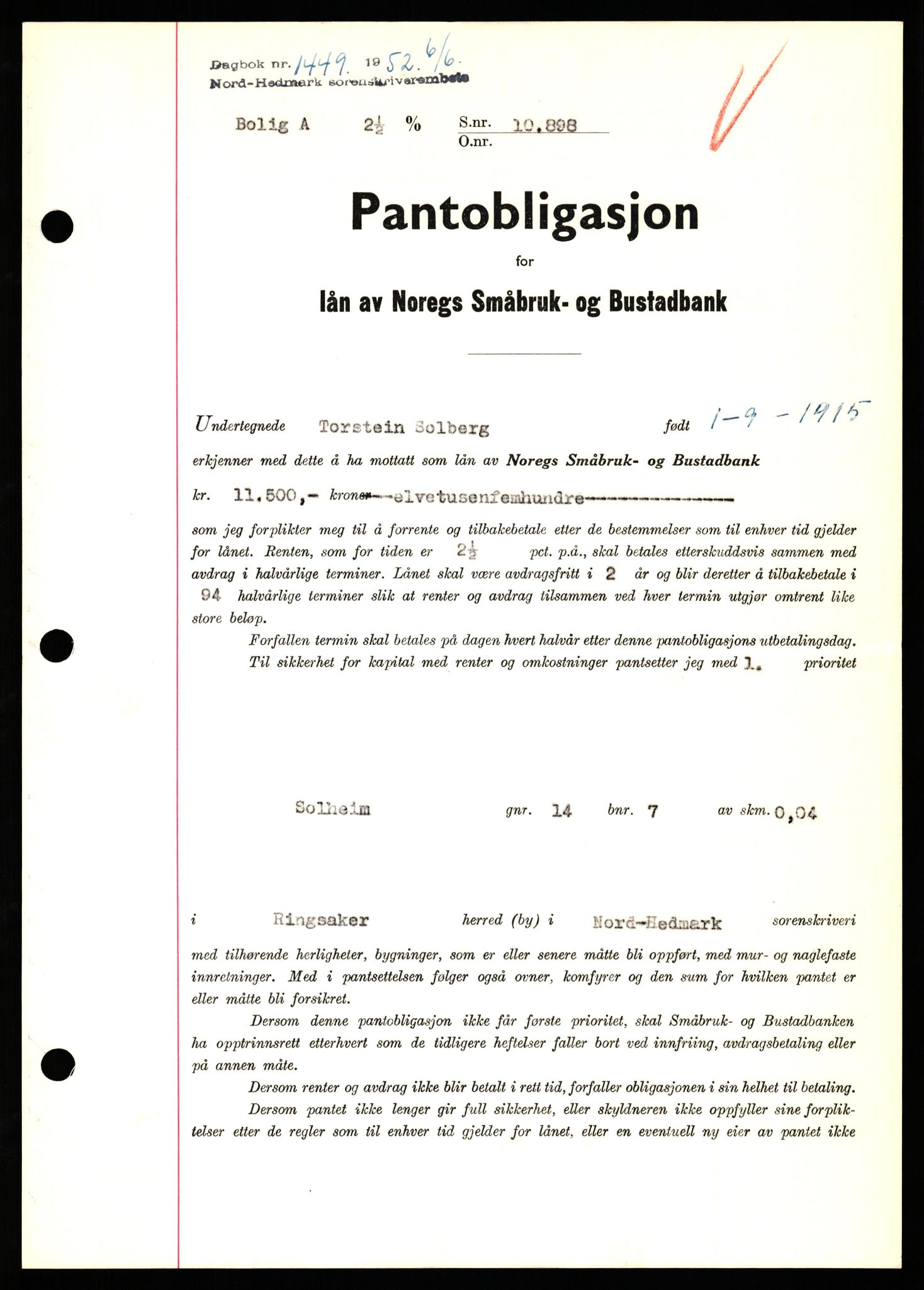 Nord-Hedmark sorenskriveri, SAH/TING-012/H/Hb/Hbf/L0025: Pantebok nr. B25, 1952-1952, Dagboknr: 1449/1952