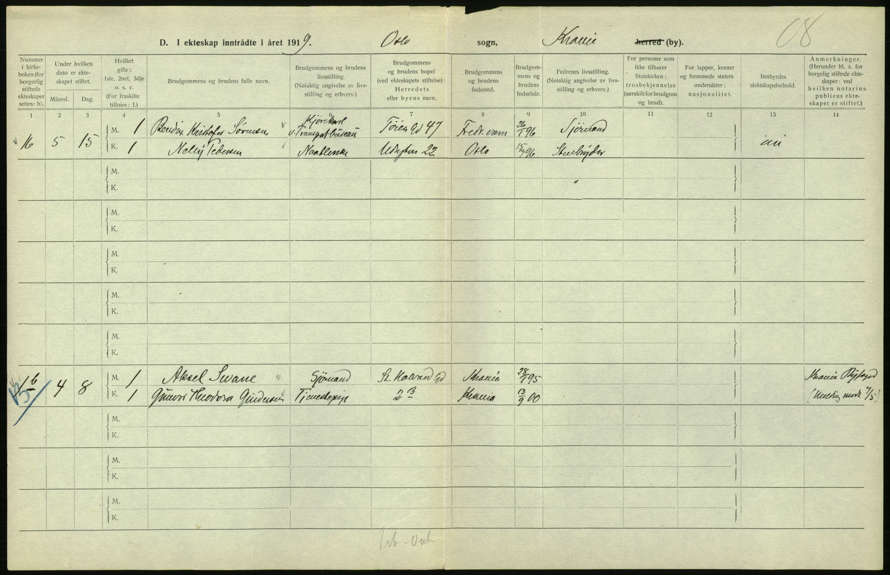 Statistisk sentralbyrå, Sosiodemografiske emner, Befolkning, AV/RA-S-2228/D/Df/Dfb/Dfbi/L0009: Kristiania: Gifte, 1919, s. 484