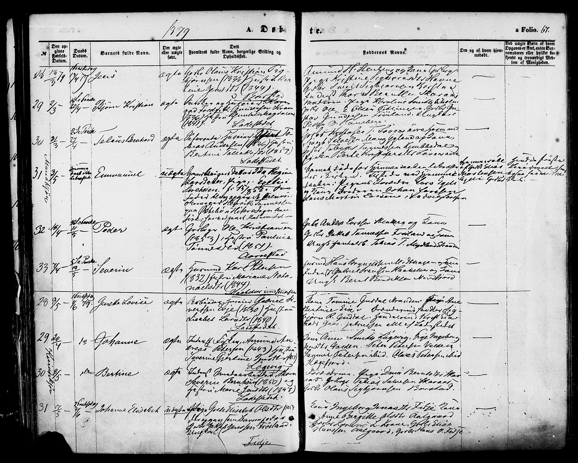 Sokndal sokneprestkontor, AV/SAST-A-101808: Ministerialbok nr. A 10, 1874-1886, s. 67