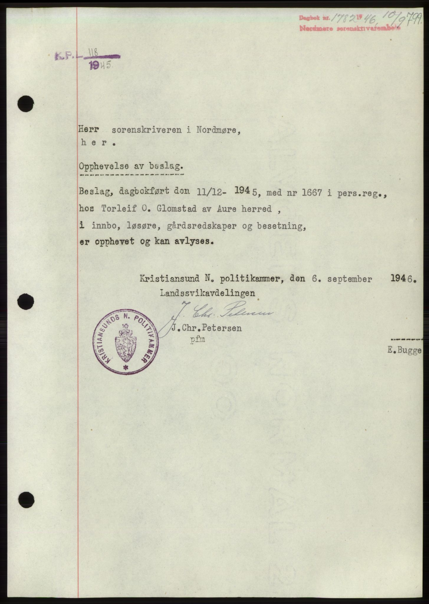 Nordmøre sorenskriveri, SAT/A-4132/1/2/2Ca: Pantebok nr. B94, 1946-1946, Dagboknr: 1782/1946