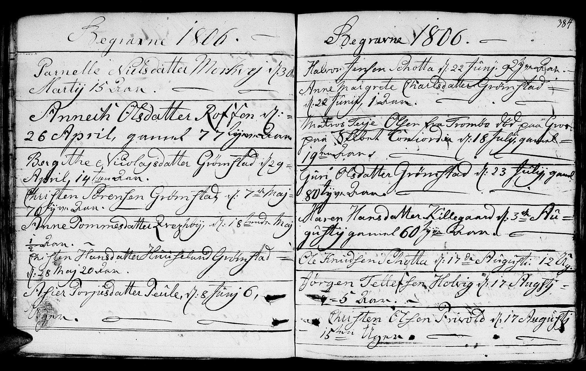 Fjære sokneprestkontor, AV/SAK-1111-0011/F/Fb/L0006: Klokkerbok nr. B 6, 1803-1817, s. 384