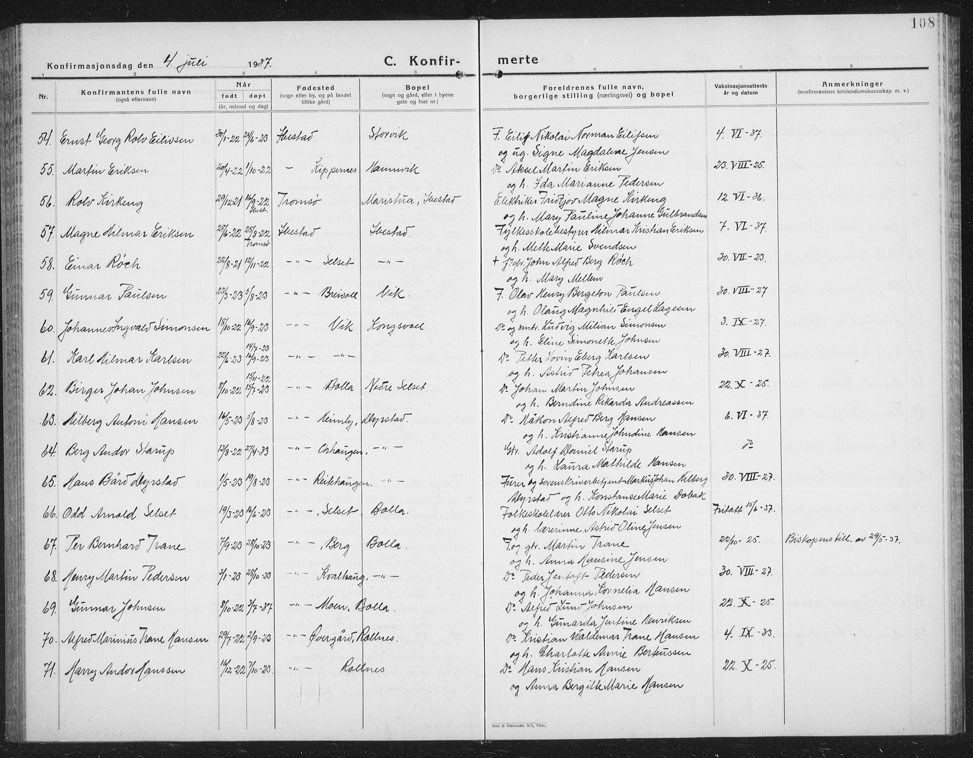 Ibestad sokneprestembete, AV/SATØ-S-0077/H/Ha/Hab/L0011klokker: Klokkerbok nr. 11, 1930-1942, s. 108