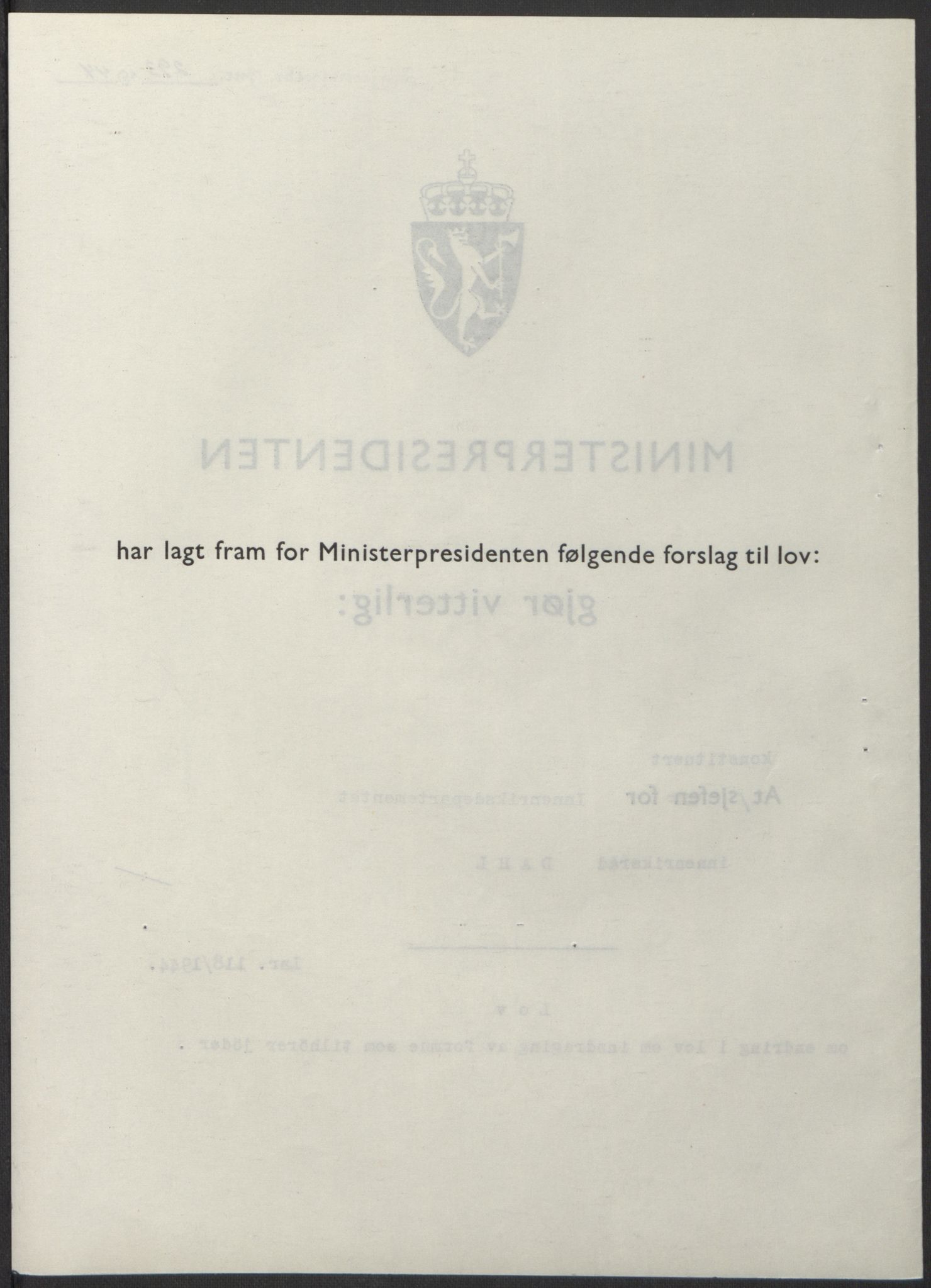 NS-administrasjonen 1940-1945 (Statsrådsekretariatet, de kommisariske statsråder mm), RA/S-4279/D/Db/L0100: Lover, 1944, s. 563