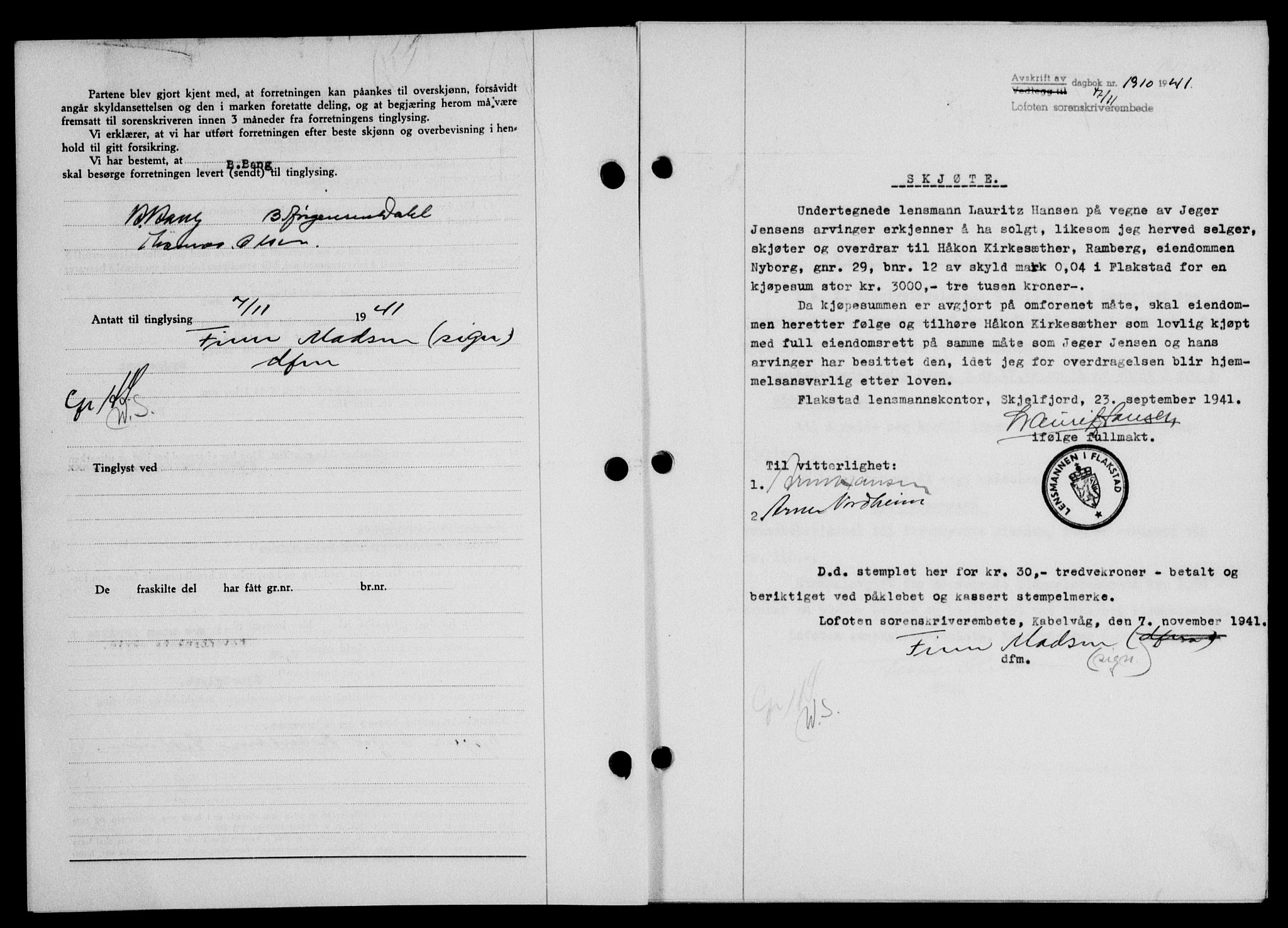 Lofoten sorenskriveri, SAT/A-0017/1/2/2C/L0009a: Pantebok nr. 9a, 1941-1942, Dagboknr: 1910/1941