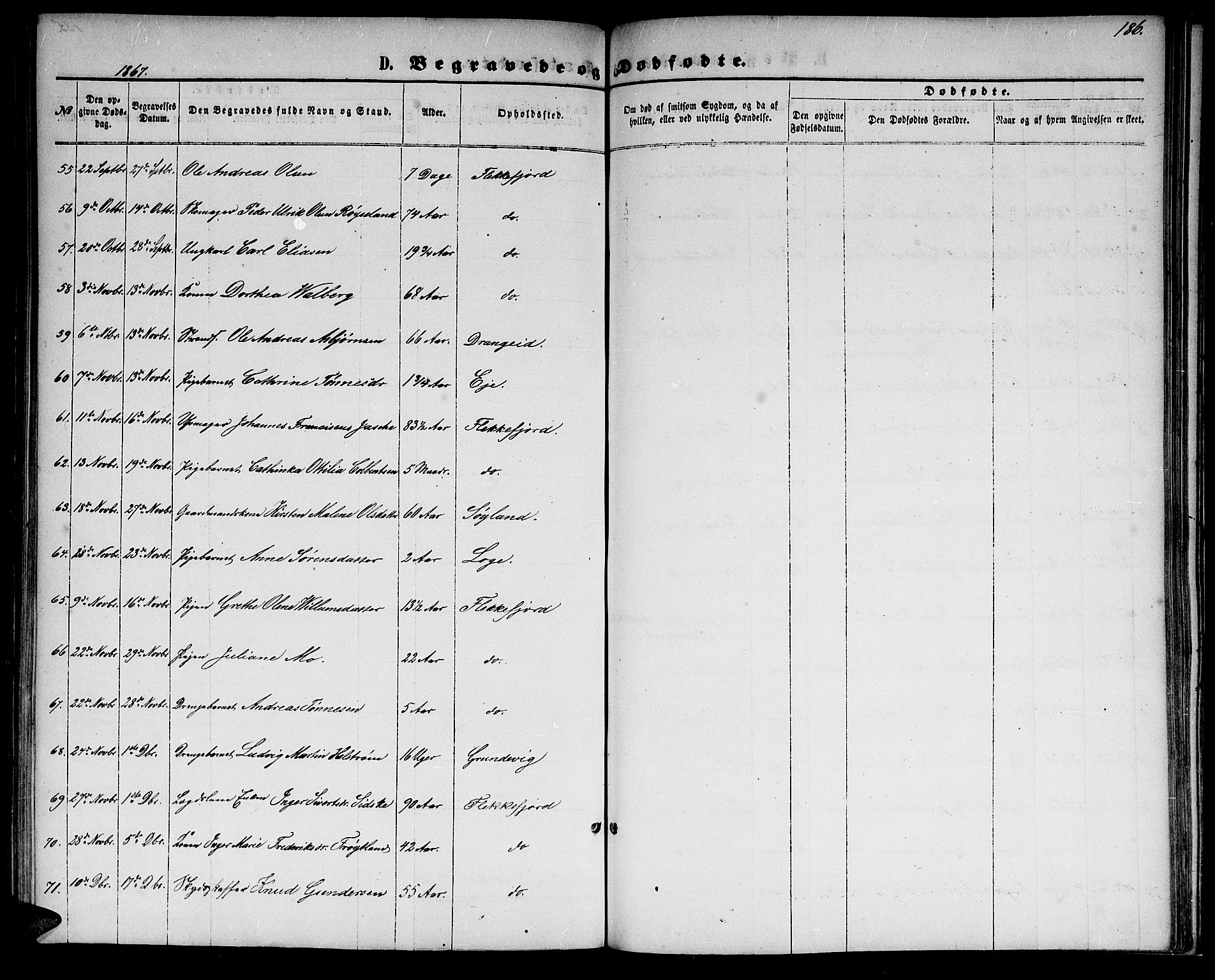 Flekkefjord sokneprestkontor, AV/SAK-1111-0012/F/Fb/Fbc/L0006: Klokkerbok nr. B 6, 1866-1879, s. 186