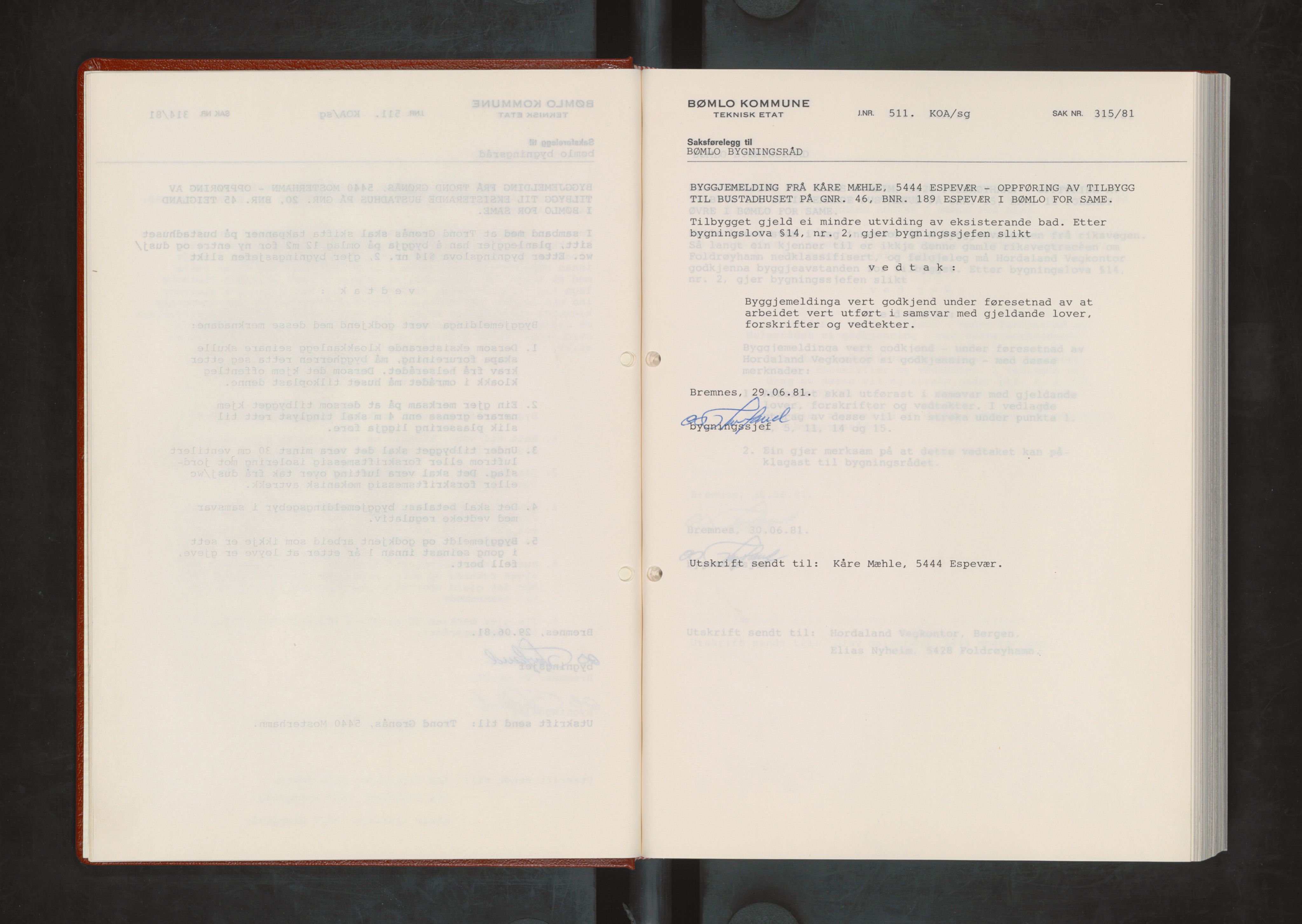 Bømlo kommune. Bygningsrådet , IKAH/1219-511/A/Aa/L0028: Møtebok for Bømlo bygningsråd, 1981