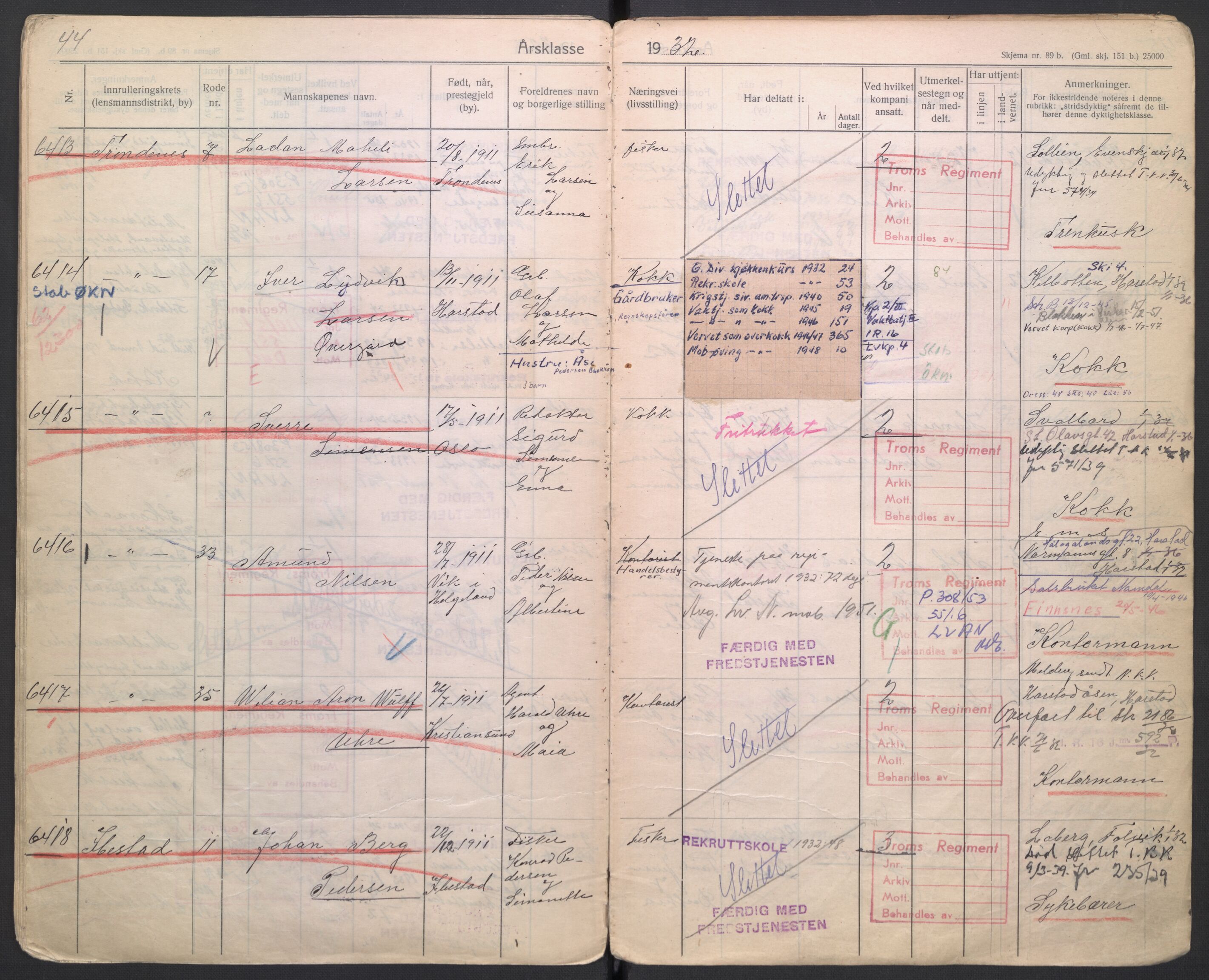 Forsvaret, Troms infanteriregiment nr. 16, AV/RA-RAFA-3146/P/Pa/L0006/0001: Ruller / Rulle for Trondenes bataljons menige mannskaper, årsklasse 1932, 1932, s. 44