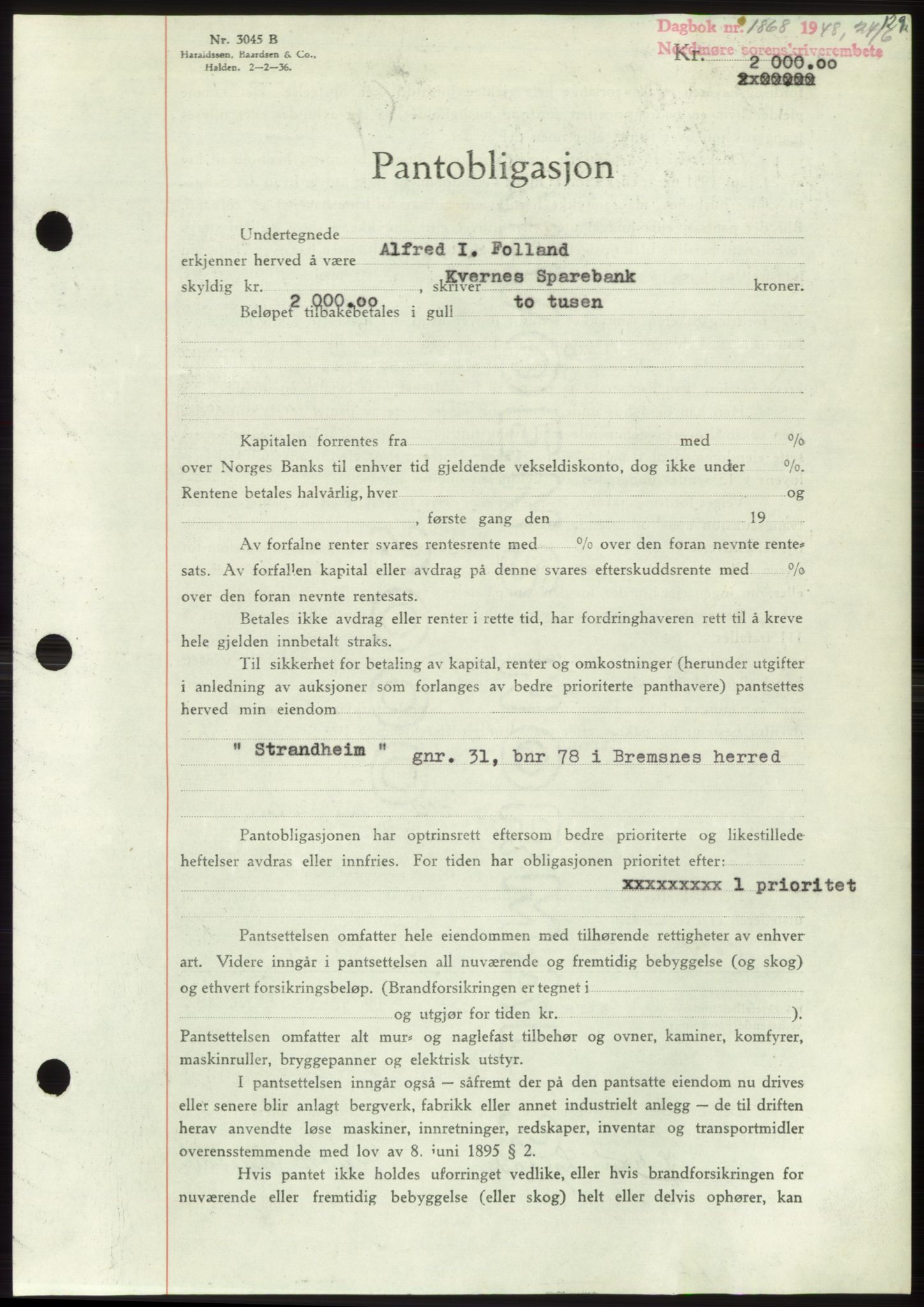 Nordmøre sorenskriveri, AV/SAT-A-4132/1/2/2Ca: Pantebok nr. B99, 1948-1948, Dagboknr: 1868/1948