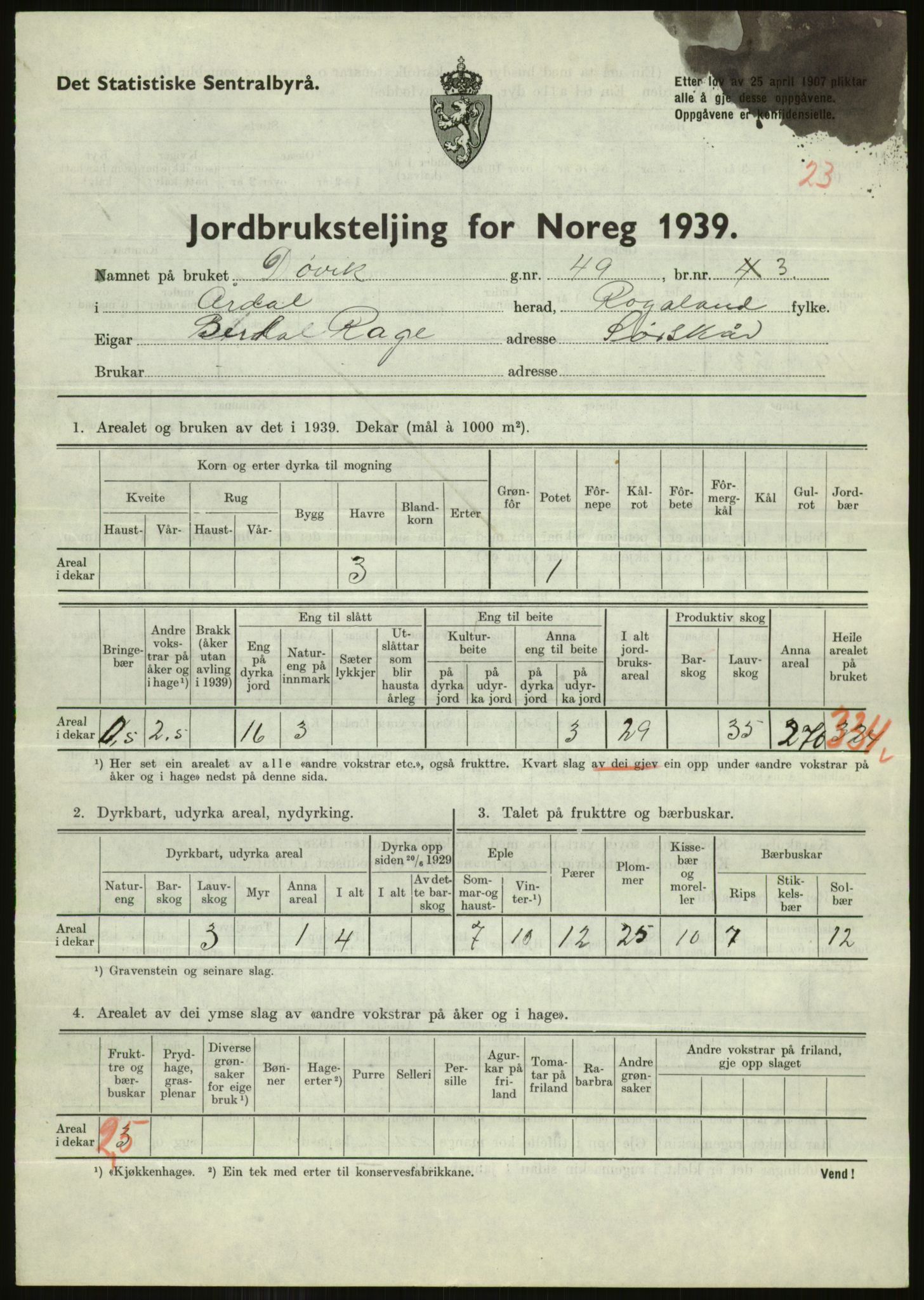 Statistisk sentralbyrå, Næringsøkonomiske emner, Jordbruk, skogbruk, jakt, fiske og fangst, AV/RA-S-2234/G/Gb/L0184: Rogaland: Årdal, Fister og Hjelmeland, 1939, s. 603