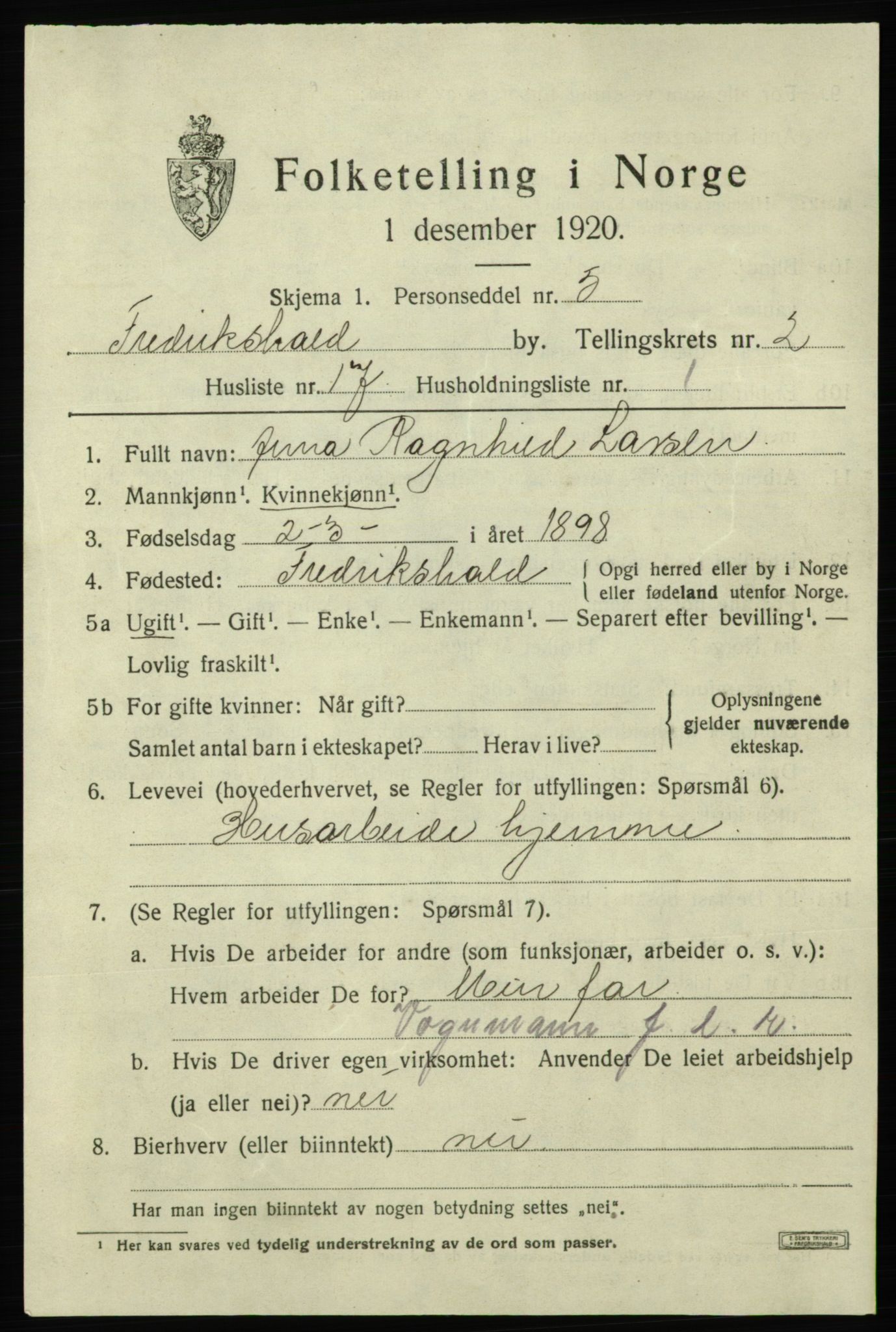 SAO, Folketelling 1920 for 0101 Fredrikshald kjøpstad, 1920, s. 9668
