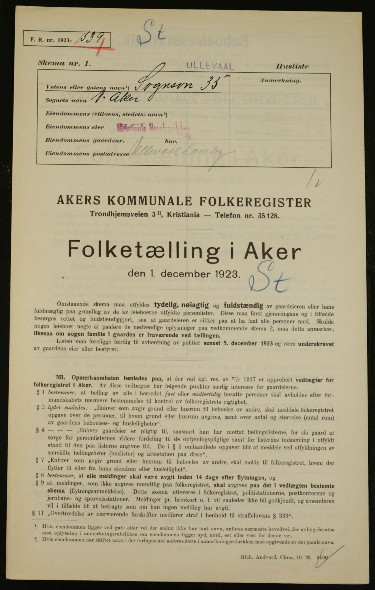 , Kommunal folketelling 1.12.1923 for Aker, 1923, s. 17516