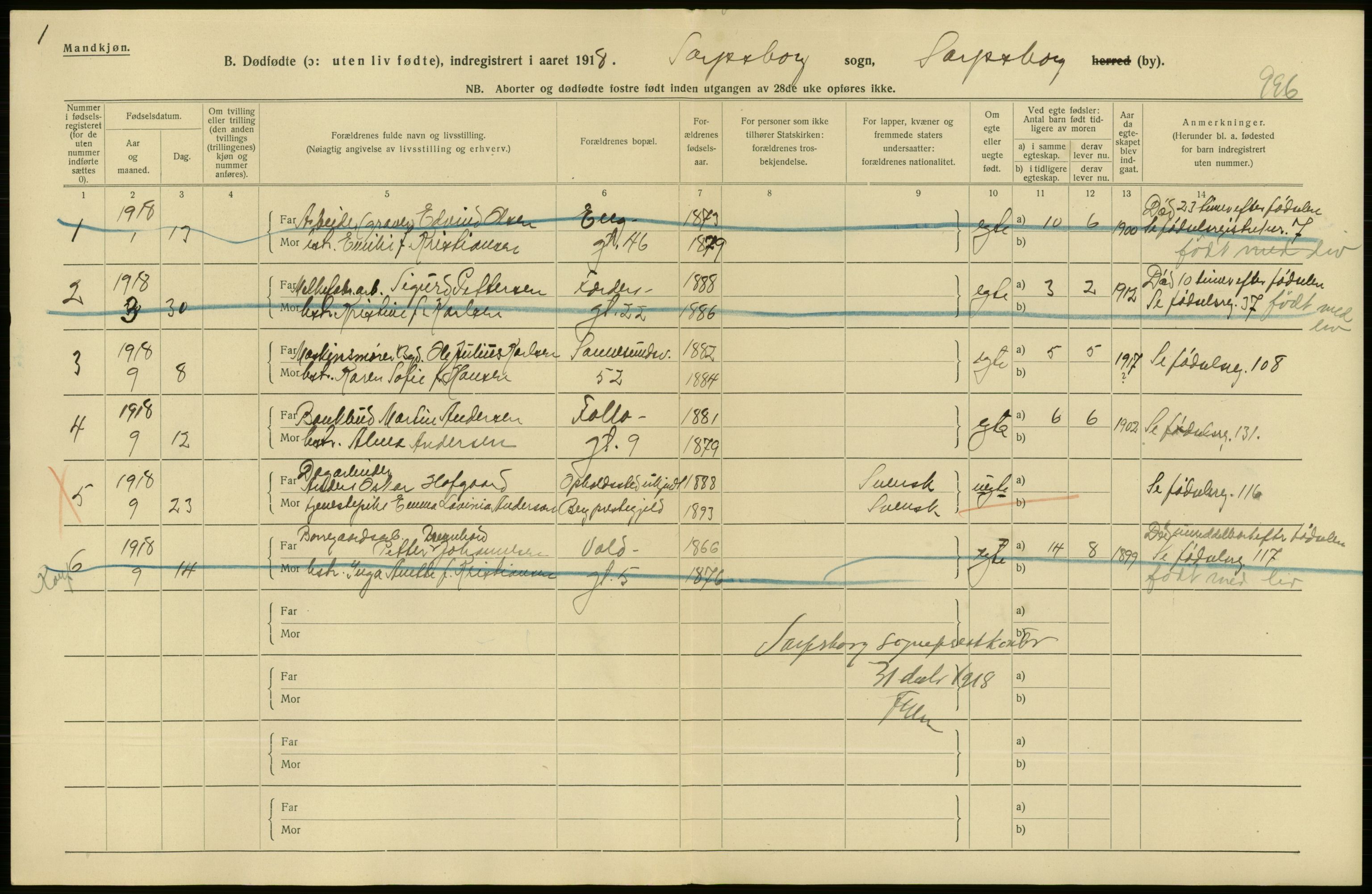 Statistisk sentralbyrå, Sosiodemografiske emner, Befolkning, RA/S-2228/D/Df/Dfb/Dfbh/L0003: Østfold fylke: Døde, dødfødte. Bygder og byer., 1918, s. 6