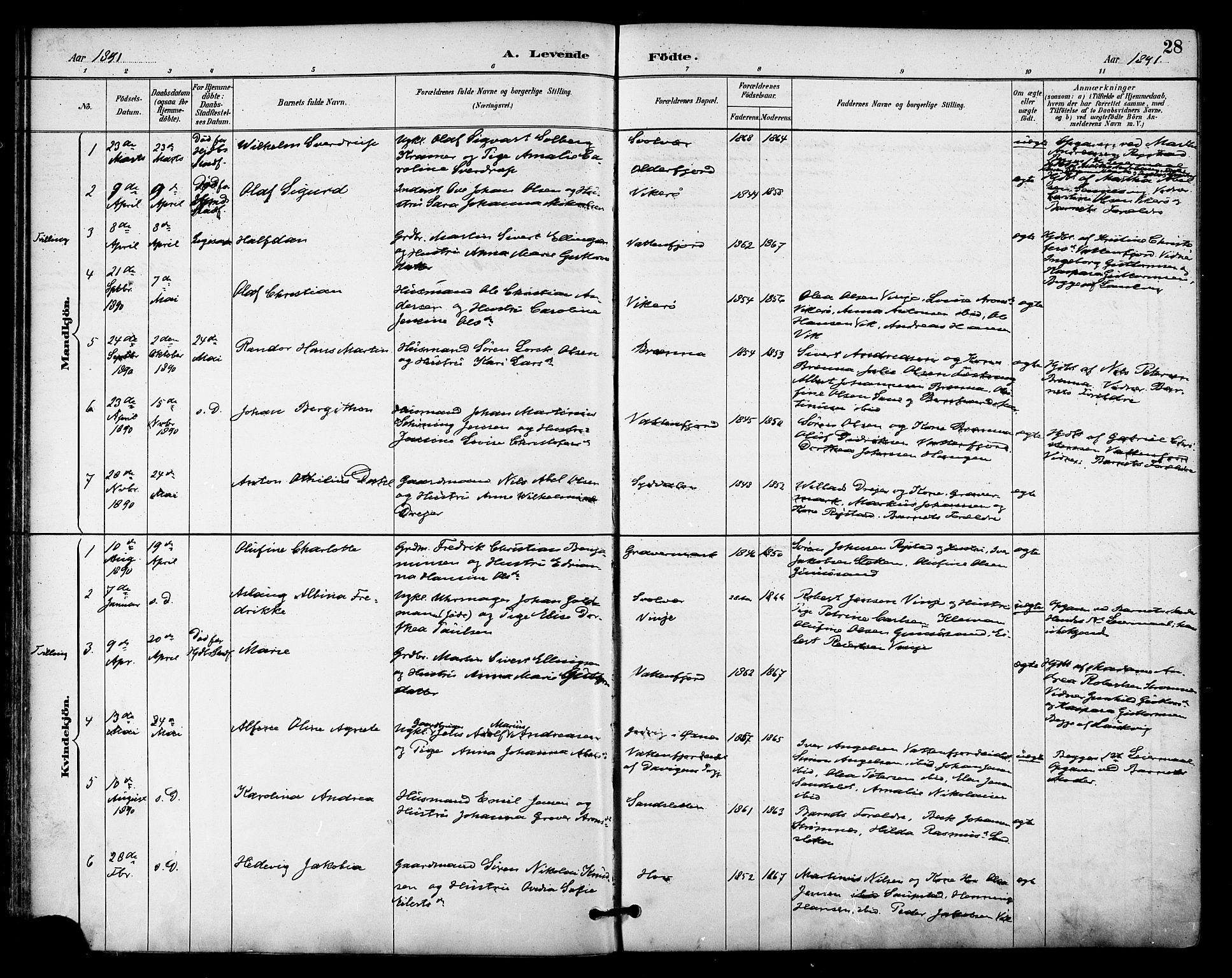 Ministerialprotokoller, klokkerbøker og fødselsregistre - Nordland, SAT/A-1459/876/L1097: Ministerialbok nr. 876A03, 1886-1896, s. 28