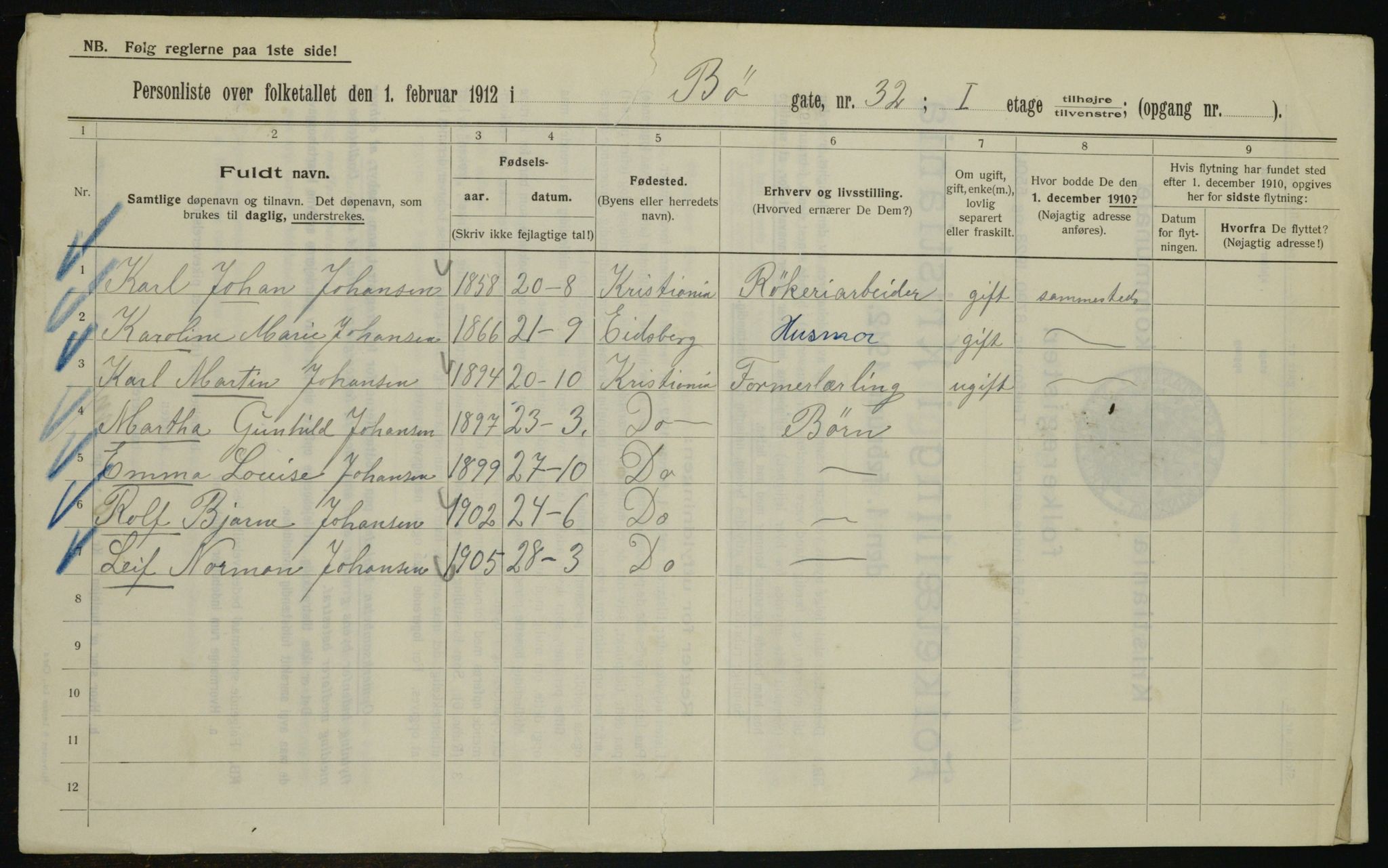 OBA, Kommunal folketelling 1.2.1912 for Kristiania, 1912, s. 11232