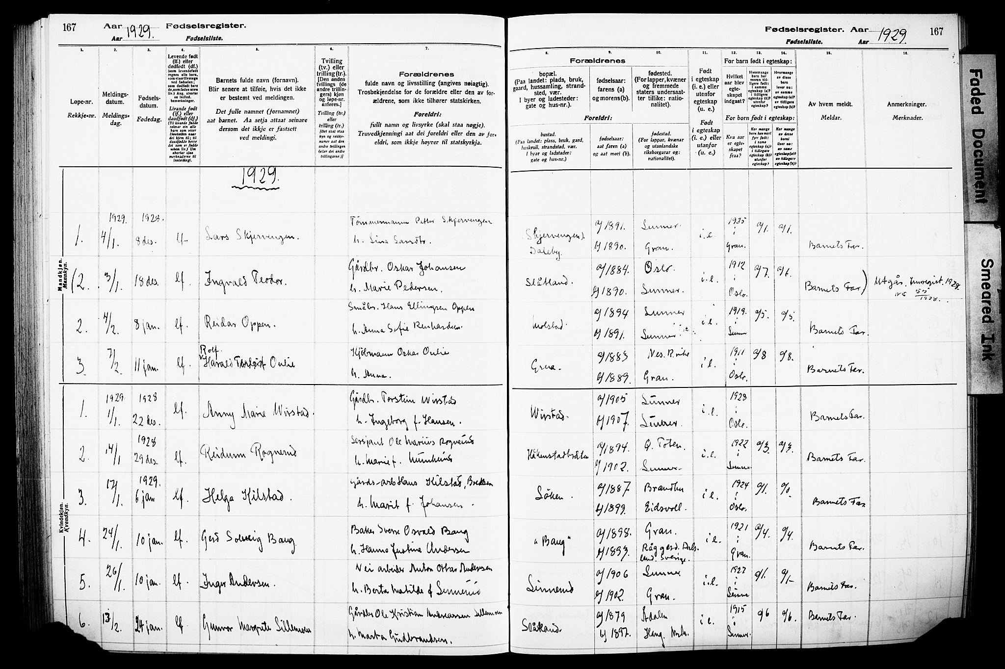 Lunner prestekontor, SAH/PREST-118/I/Id/L0001: Fødselsregister nr. 1, 1916-1932, s. 167