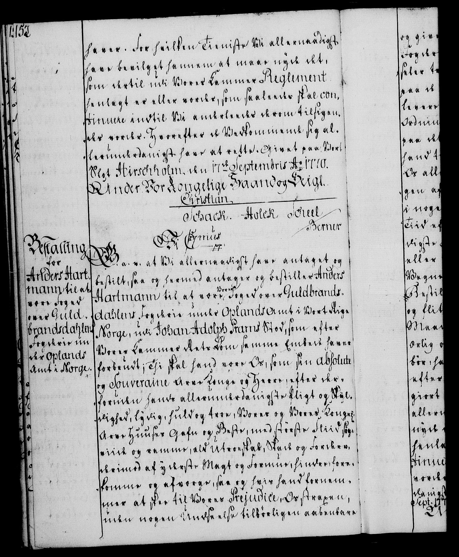 Rentekammeret, Kammerkanselliet, AV/RA-EA-3111/G/Gg/Gge/L0004: Norsk bestallingsprotokoll med register (merket RK 53.28), 1762-1771, s. 152