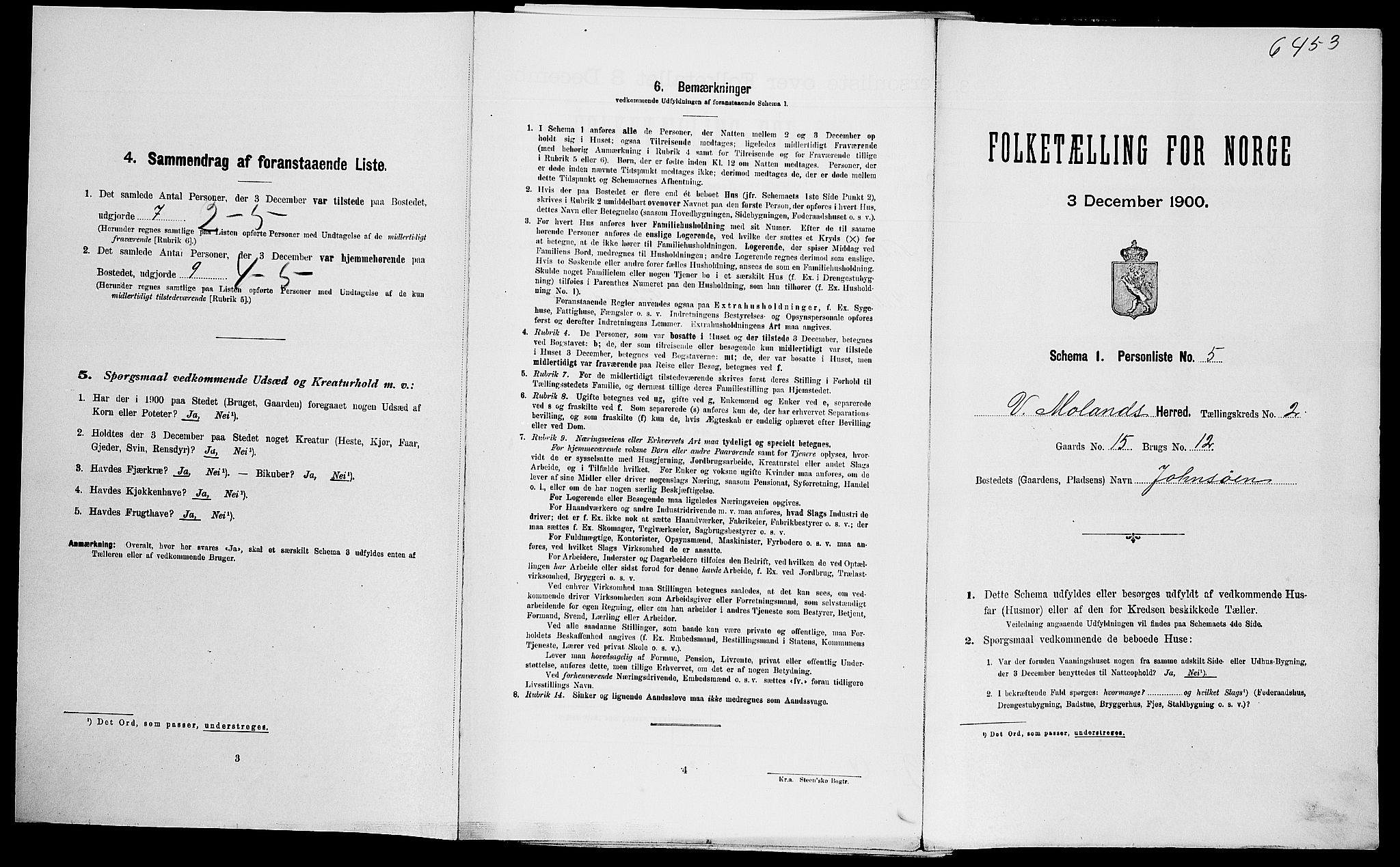 SAK, Folketelling 1900 for 0926 Vestre Moland herred, 1900, s. 245