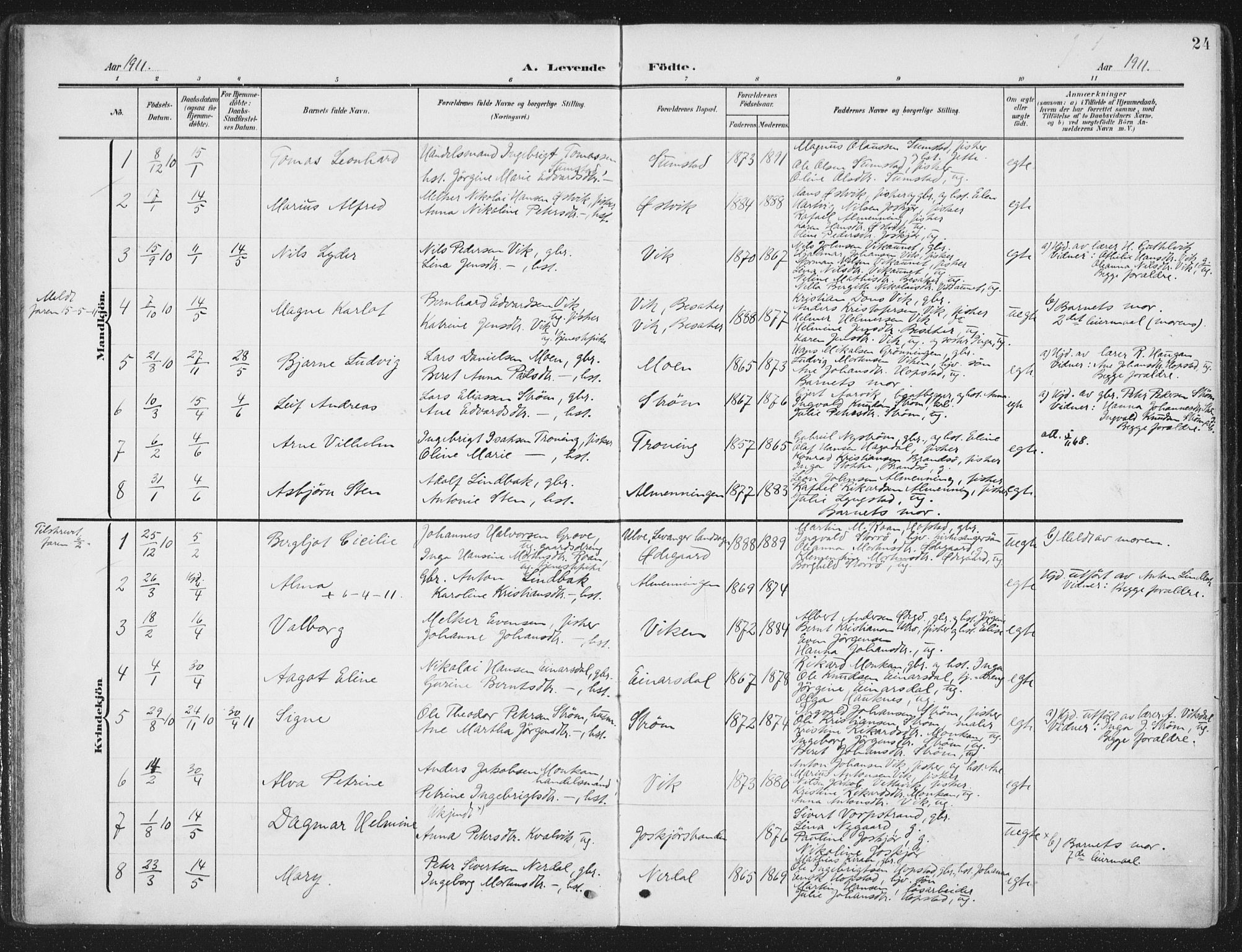 Ministerialprotokoller, klokkerbøker og fødselsregistre - Sør-Trøndelag, AV/SAT-A-1456/657/L0709: Ministerialbok nr. 657A10, 1905-1919, s. 24