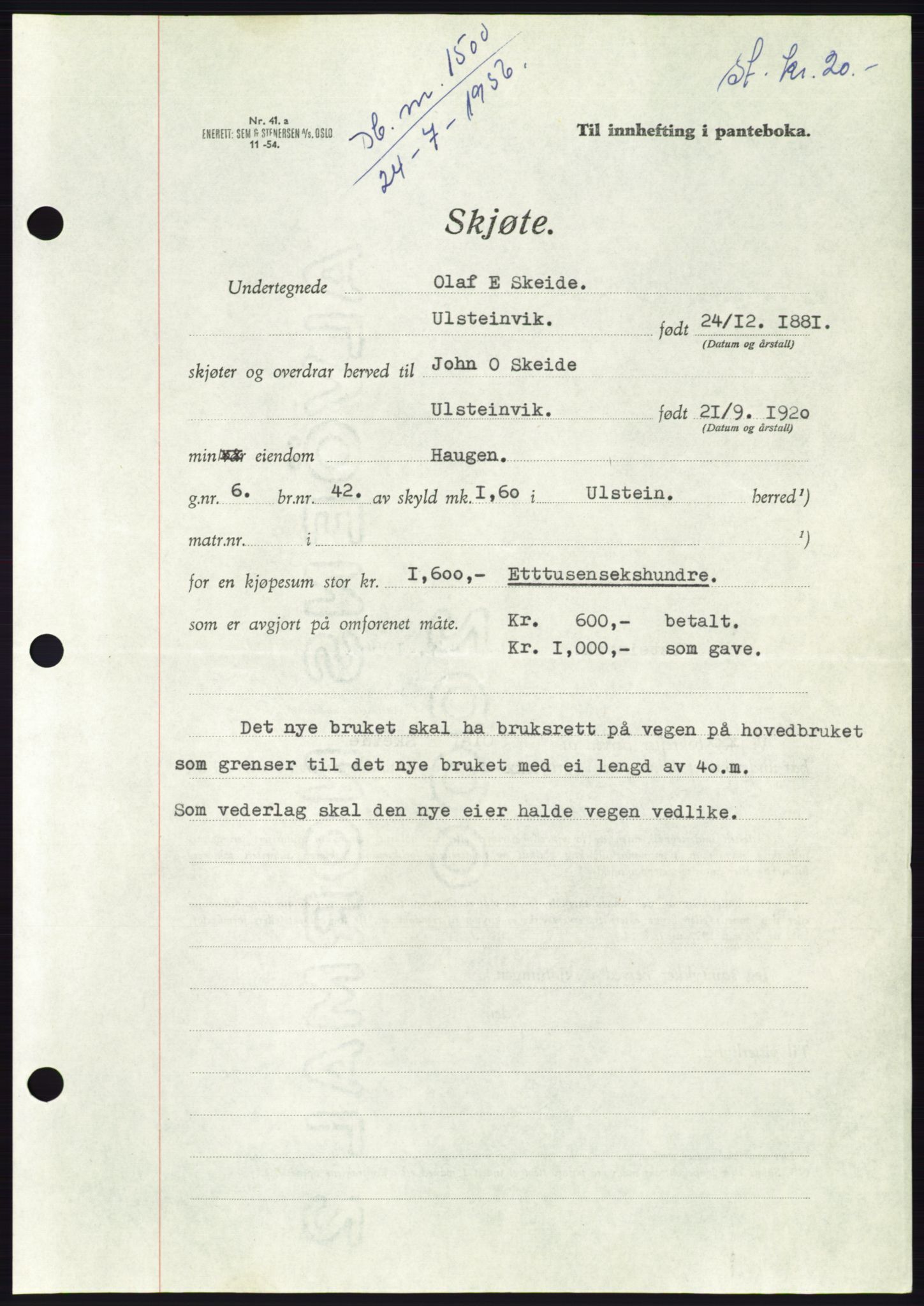 Søre Sunnmøre sorenskriveri, AV/SAT-A-4122/1/2/2C/L0104: Pantebok nr. 30A, 1956-1956, Dagboknr: 1500/1956