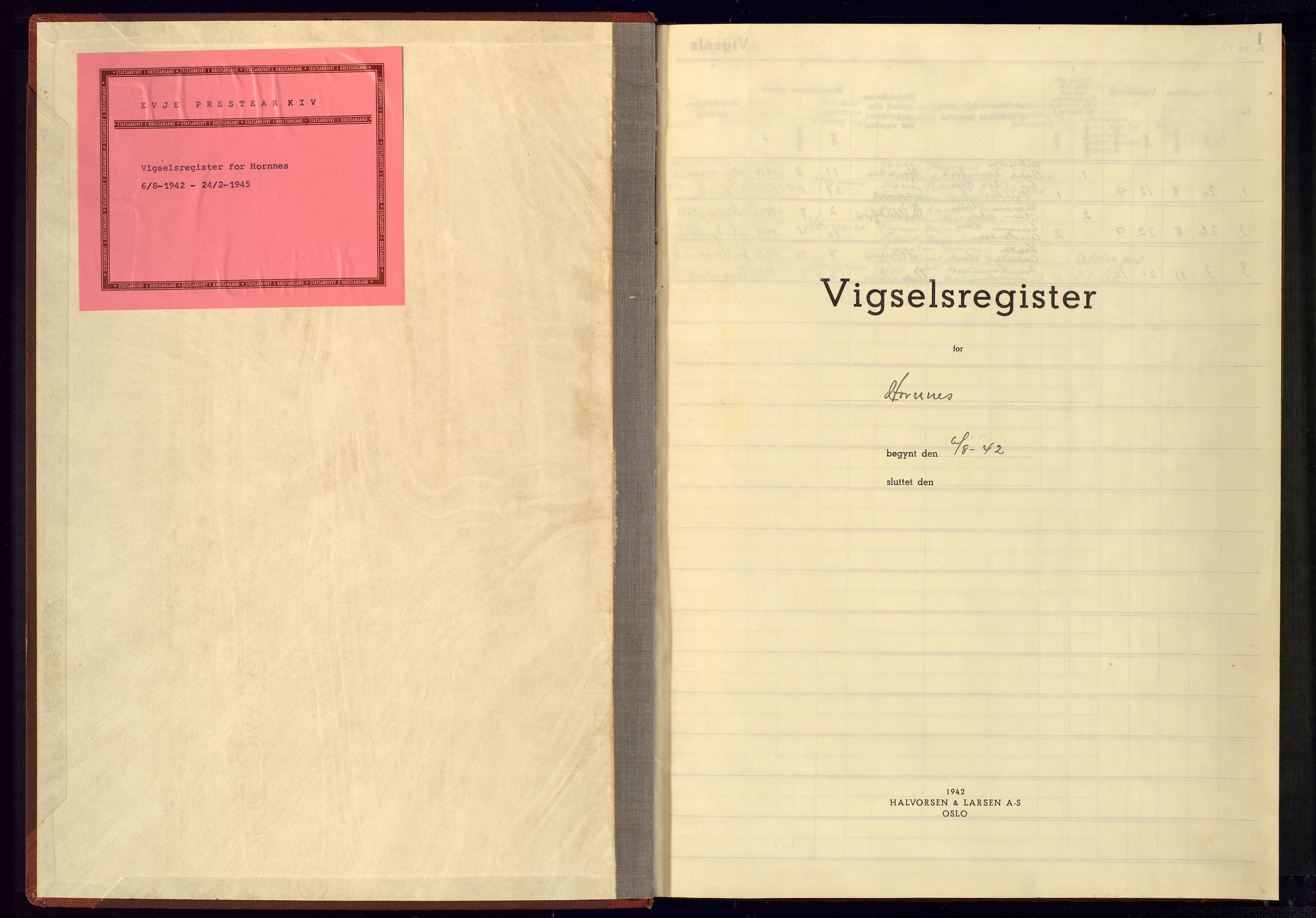 Evje sokneprestkontor, SAK/1111-0008/J/Je/L0005: Vigselsregister nr. II.6.5, 1942-1945
