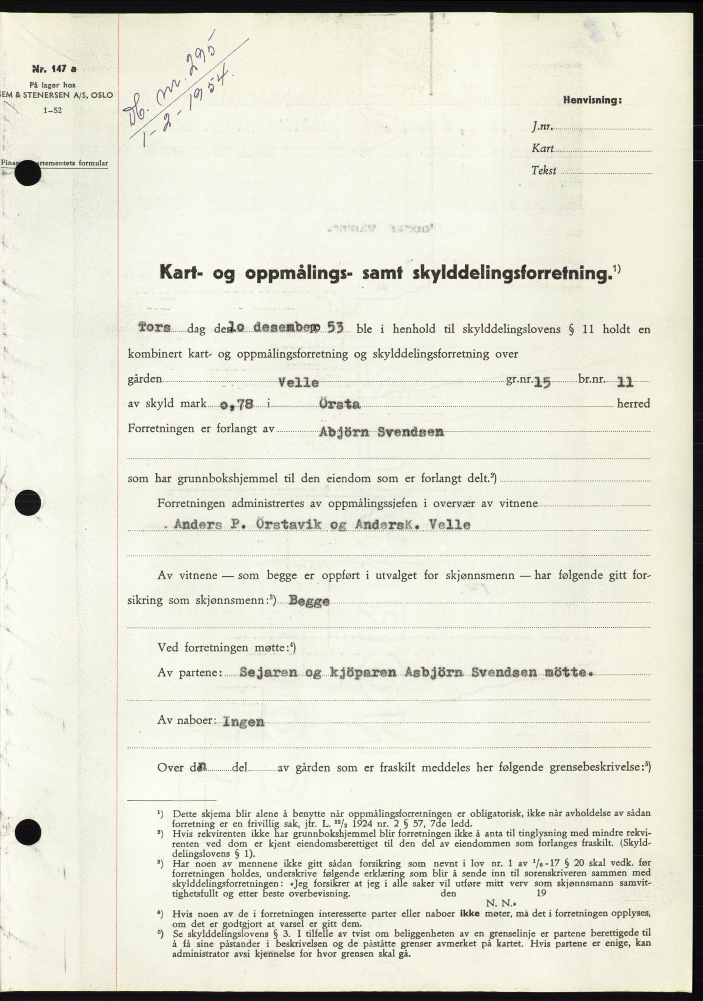 Søre Sunnmøre sorenskriveri, SAT/A-4122/1/2/2C/L0097: Pantebok nr. 23A, 1954-1954, Dagboknr: 295/1954