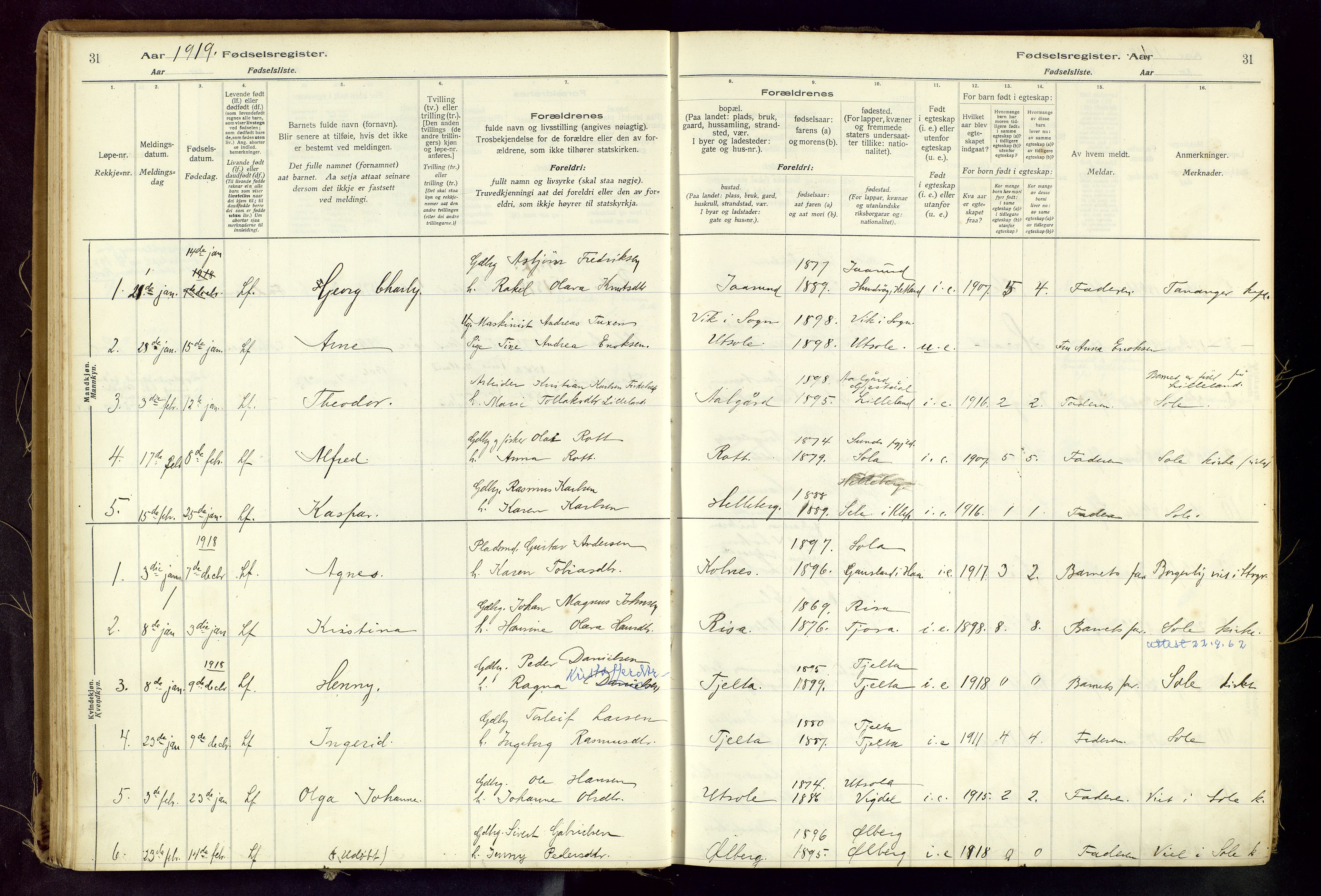 Håland sokneprestkontor, AV/SAST-A-101802/001/704BA/L0001: Fødselsregister nr. 1, 1916-1936, s. 31