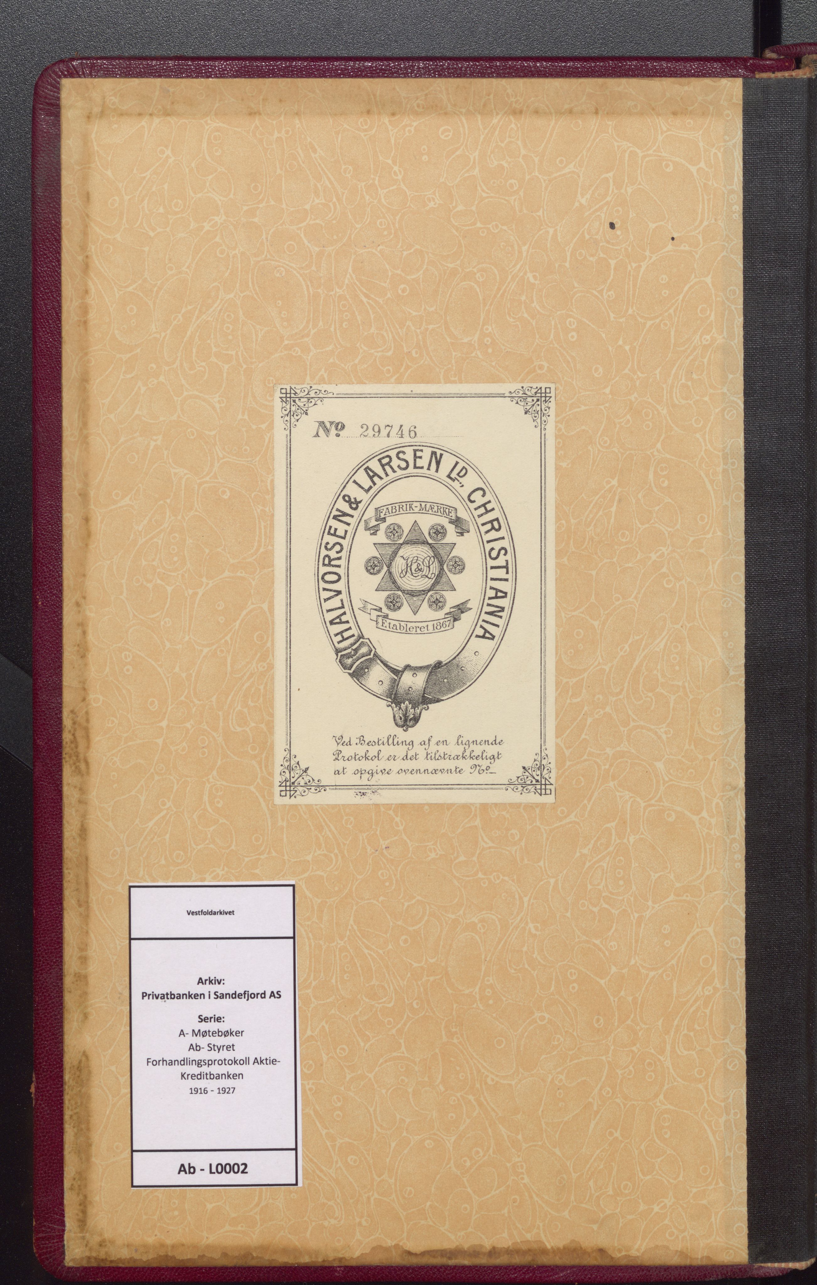 Privatbanken i Sandefjord AS, VEMU/ARS-A-1256/A/Ab/L0002: Forhandlingsprotokoll Aktie- Kreditbanken, 1916-1927