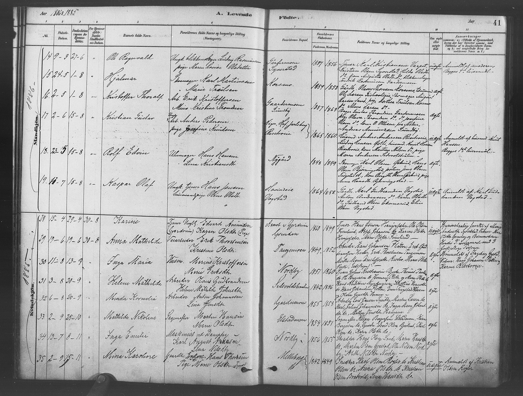 Ullensaker prestekontor Kirkebøker, AV/SAO-A-10236a/F/Fb/L0001: Ministerialbok nr. II 1, 1878-1893, s. 41