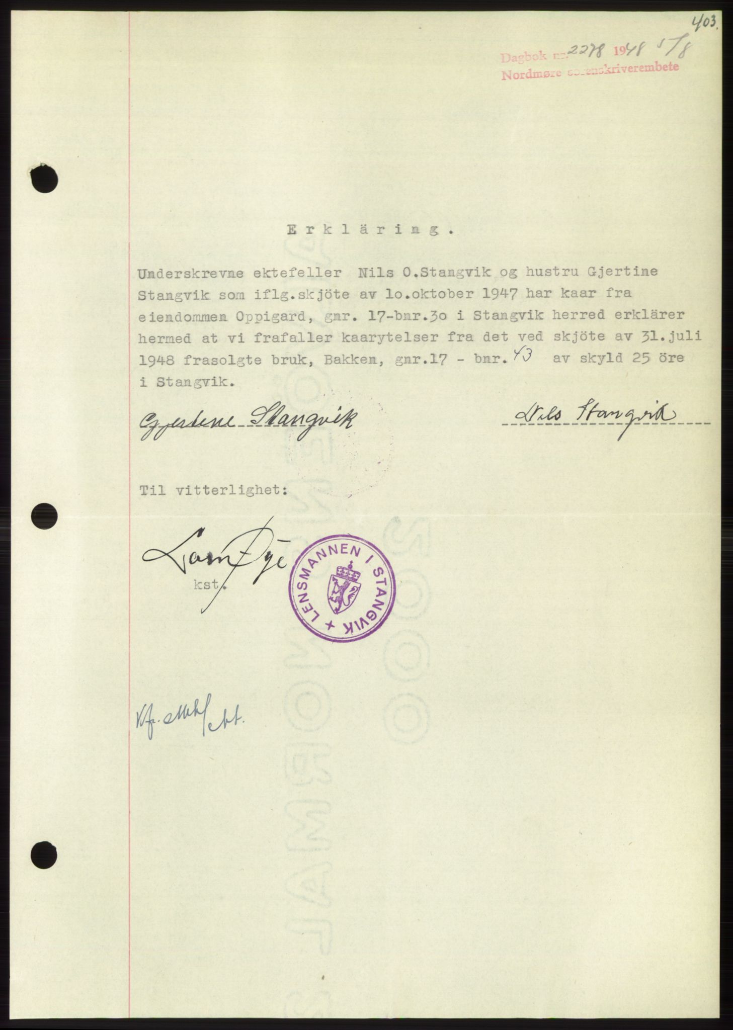 Nordmøre sorenskriveri, SAT/A-4132/1/2/2Ca: Pantebok nr. B99, 1948-1948, Dagboknr: 2278/1948