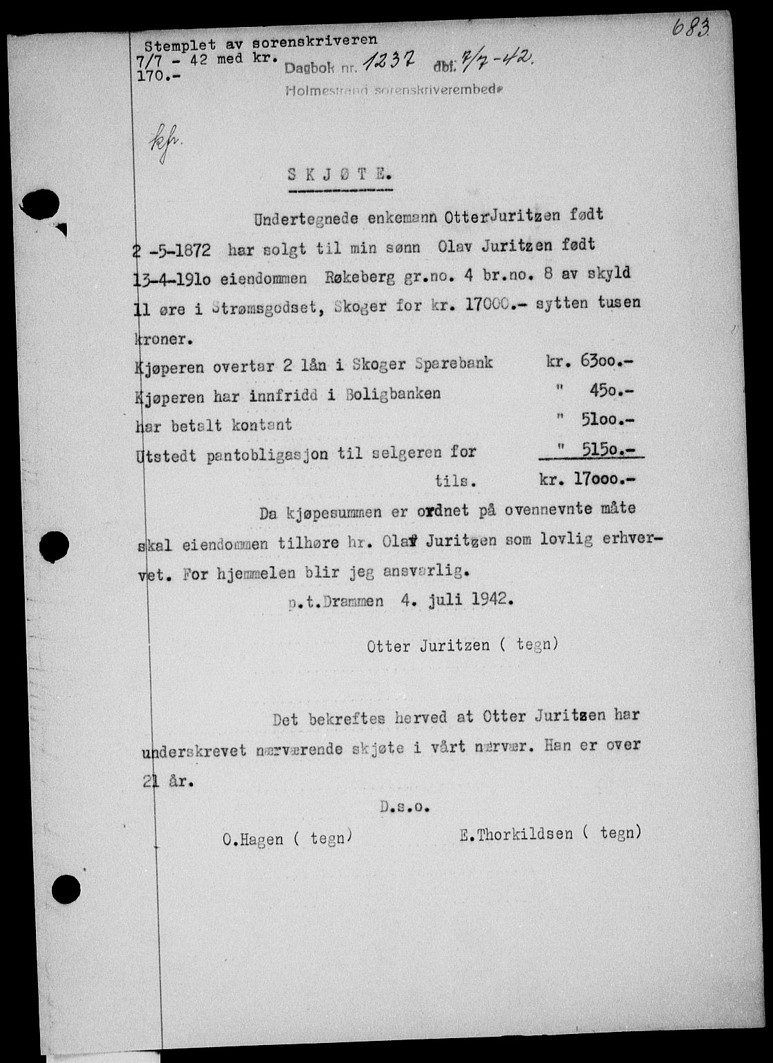 Holmestrand sorenskriveri, SAKO/A-67/G/Ga/Gaa/L0055: Pantebok nr. A-55, 1942-1942, Dagboknr: 1237/1942
