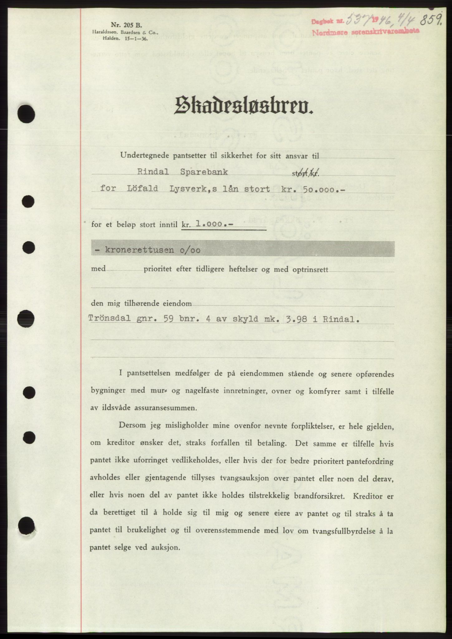 Nordmøre sorenskriveri, SAT/A-4132/1/2/2Ca: Pantebok nr. B93b, 1946-1946, Dagboknr: 537/1946