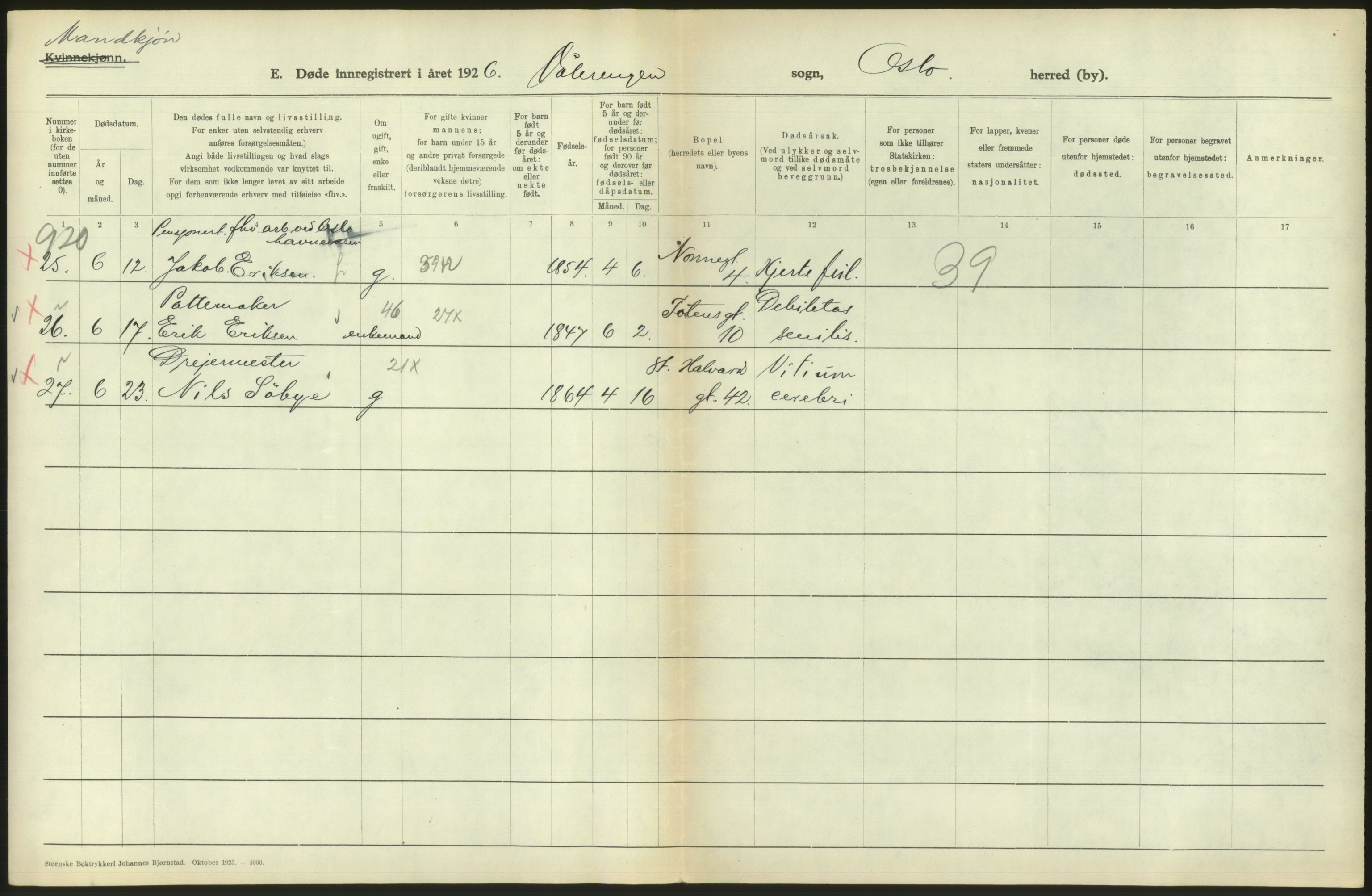 Statistisk sentralbyrå, Sosiodemografiske emner, Befolkning, AV/RA-S-2228/D/Df/Dfc/Dfcf/L0009: Oslo: Døde menn, 1926, s. 348