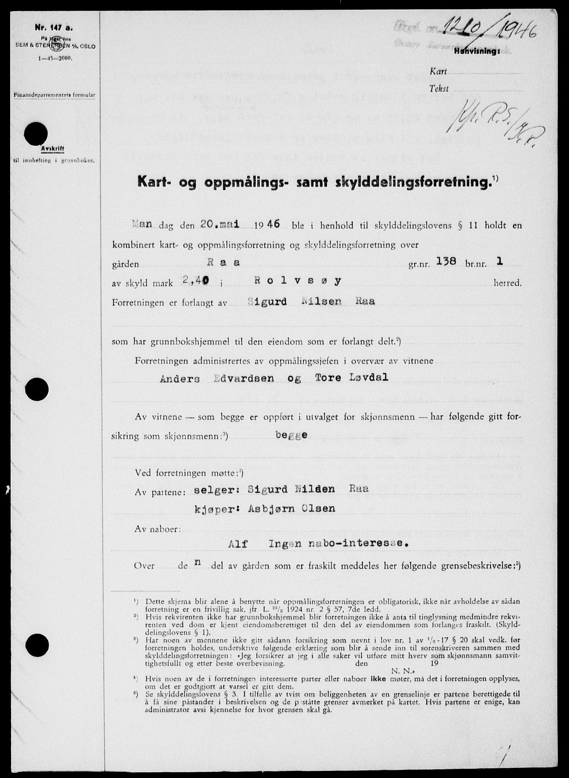 Onsøy sorenskriveri, SAO/A-10474/G/Ga/Gab/L0016: Pantebok nr. II A-16, 1946-1946, Dagboknr: 1210/1946