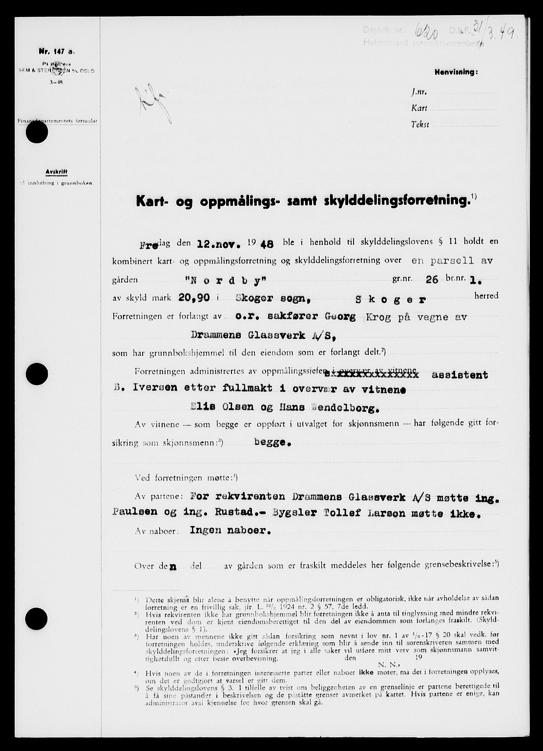 Holmestrand sorenskriveri, SAKO/A-67/G/Ga/Gaa/L0066: Pantebok nr. A-66, 1949-1949, Dagboknr: 620/1949