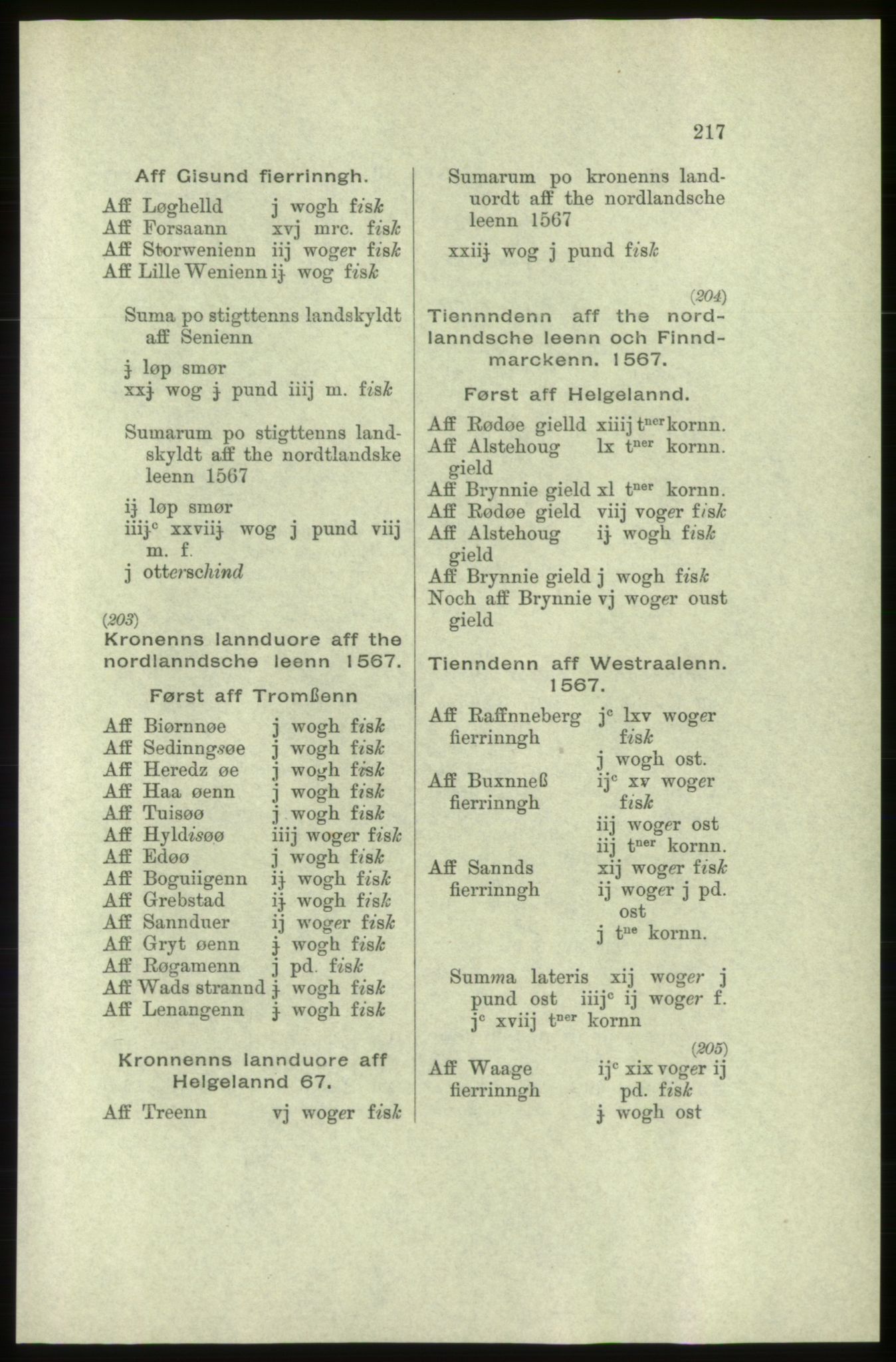 Publikasjoner utgitt av Arkivverket, PUBL/PUBL-001/C/0005: Bind 5: Rekneskap for Bergenhus len 1566-1567: B. Utgift C. Dei nordlandske lena og Finnmark D. Ekstrakt, 1566-1567, s. 217