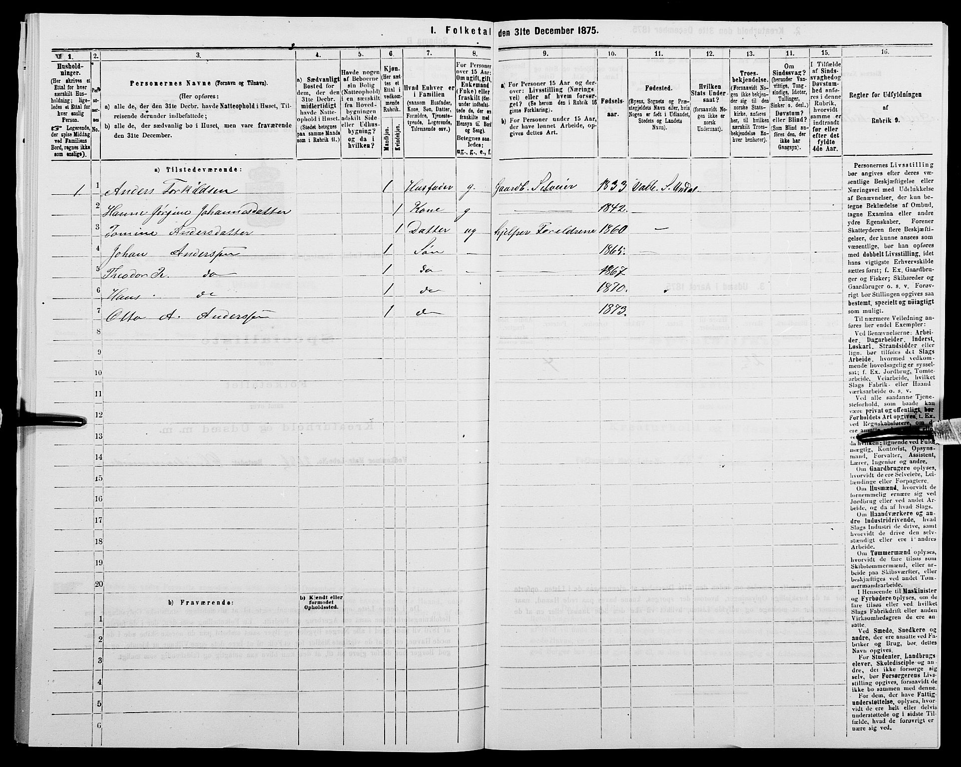 SAK, Folketelling 1875 for 1029P Sør-Audnedal prestegjeld, 1875, s. 190