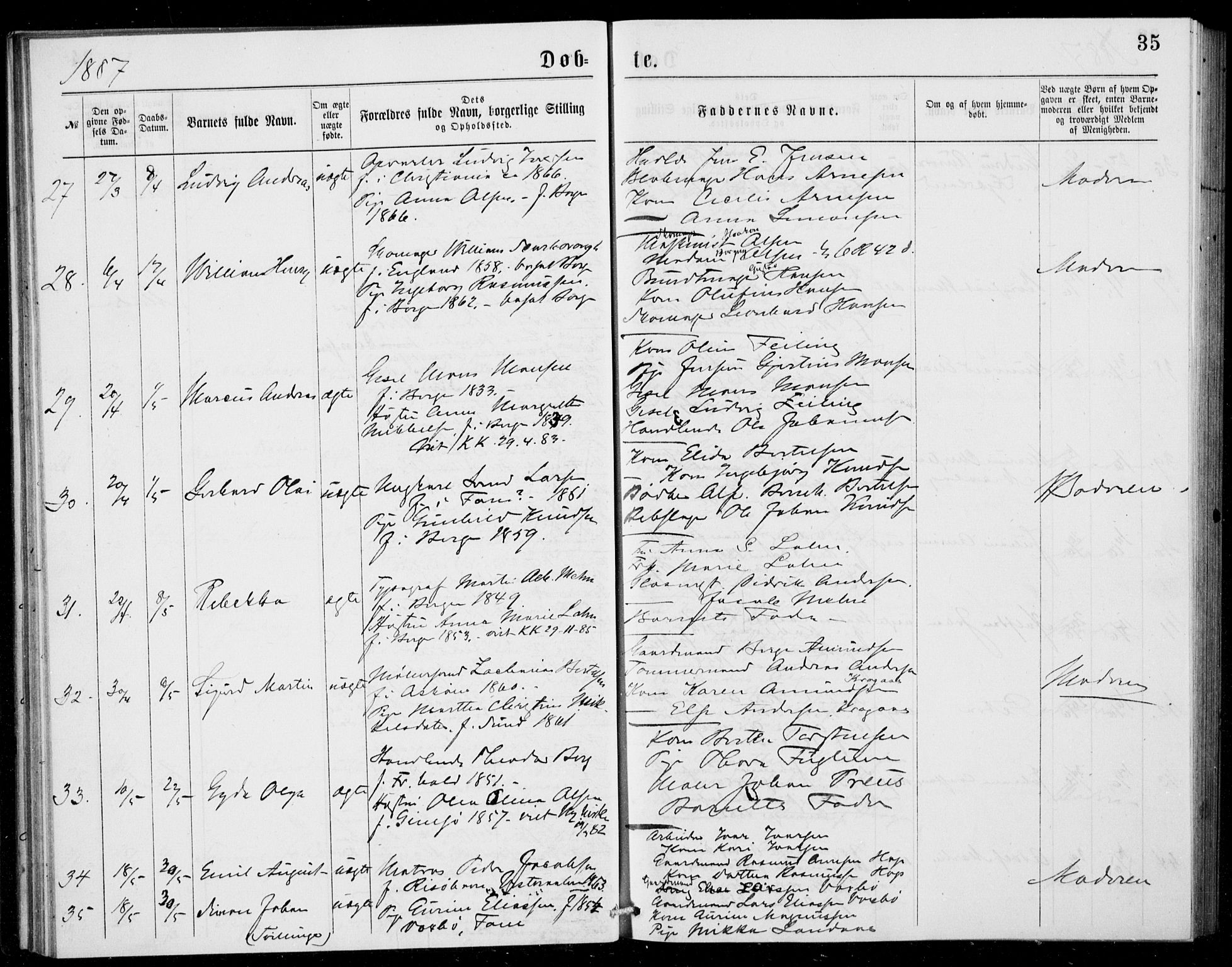 Fødselsstiftelsens sokneprestembete, ført av overlegen*, SAB/-: Ministerialbok nr. A 2, 1884-1900, s. 35