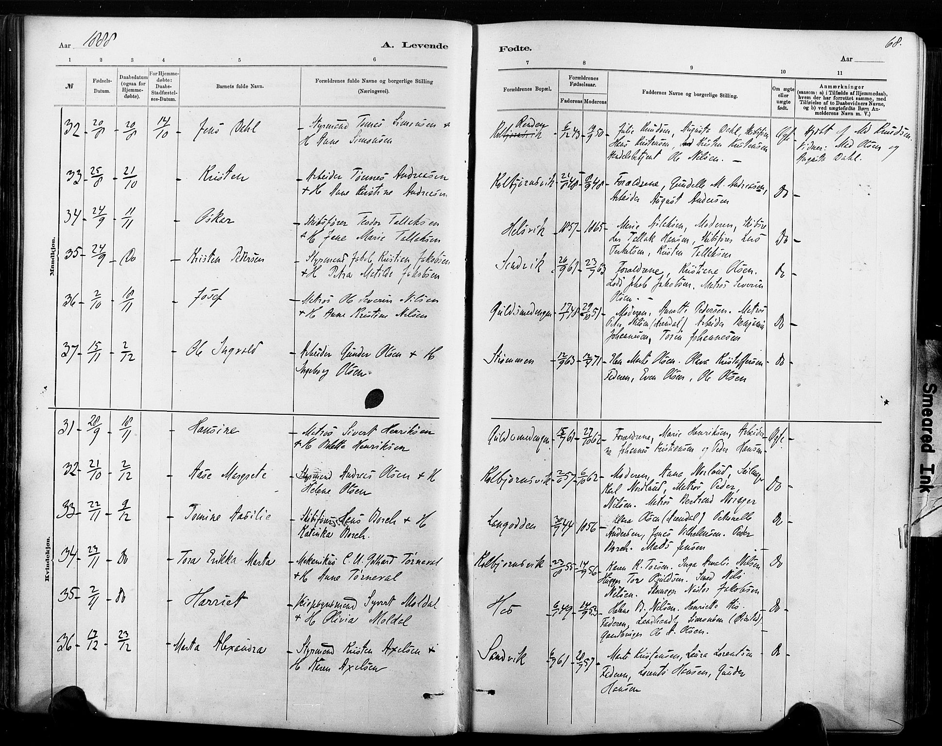 Hisøy sokneprestkontor, AV/SAK-1111-0020/F/Fa/L0003: Ministerialbok nr. A 3, 1881-1894, s. 68