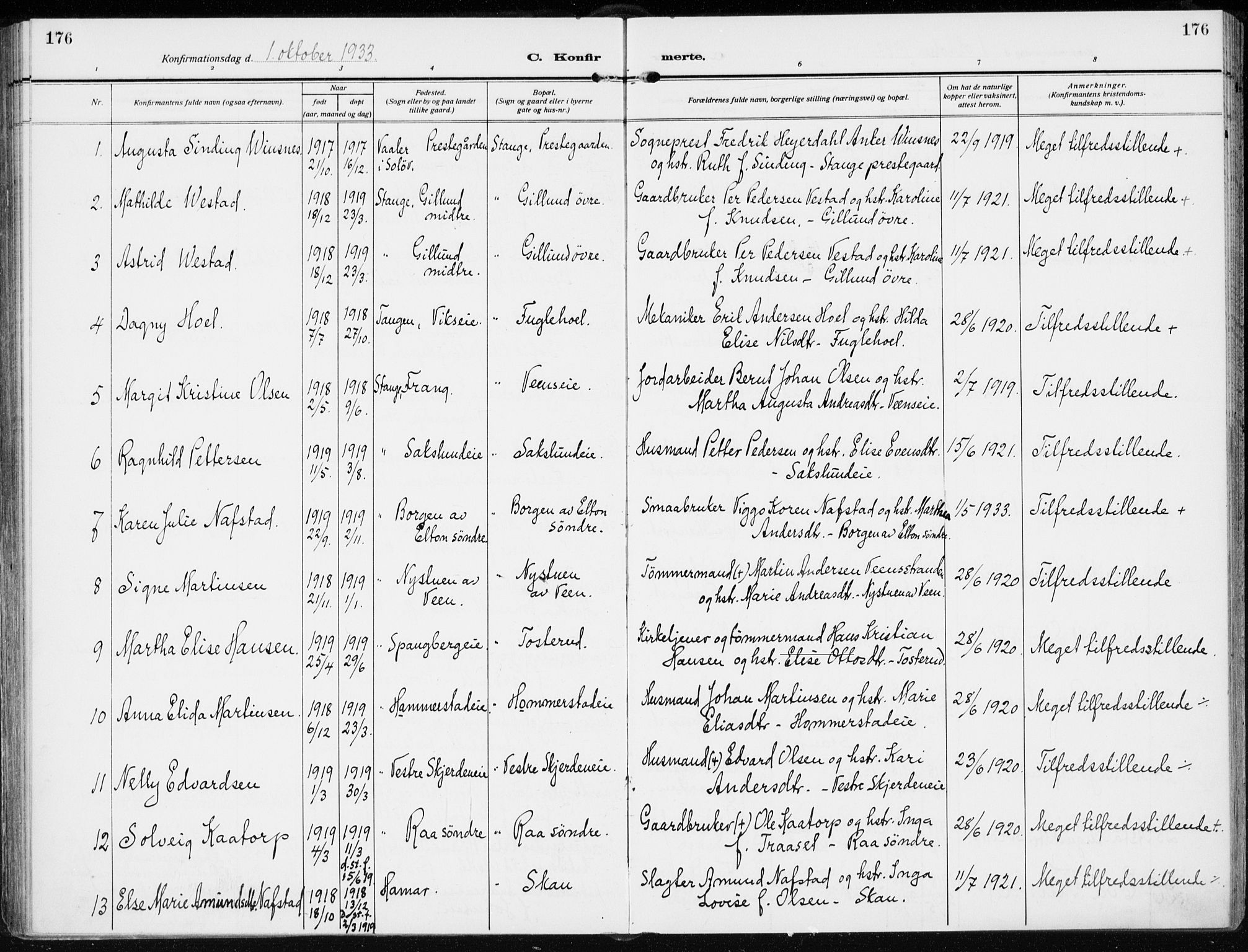Stange prestekontor, AV/SAH-PREST-002/K/L0026: Ministerialbok nr. 26, 1923-1937, s. 176