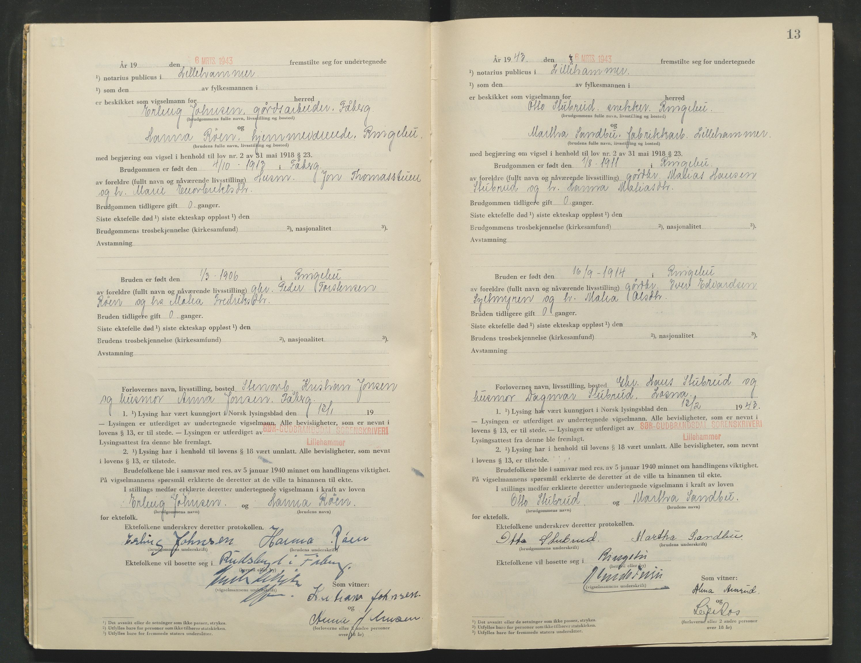 Sør-Gudbrandsdal tingrett, AV/SAH-TING-004/L/Lc/L0003: Vigselsprotokoll, 1943, s. 13