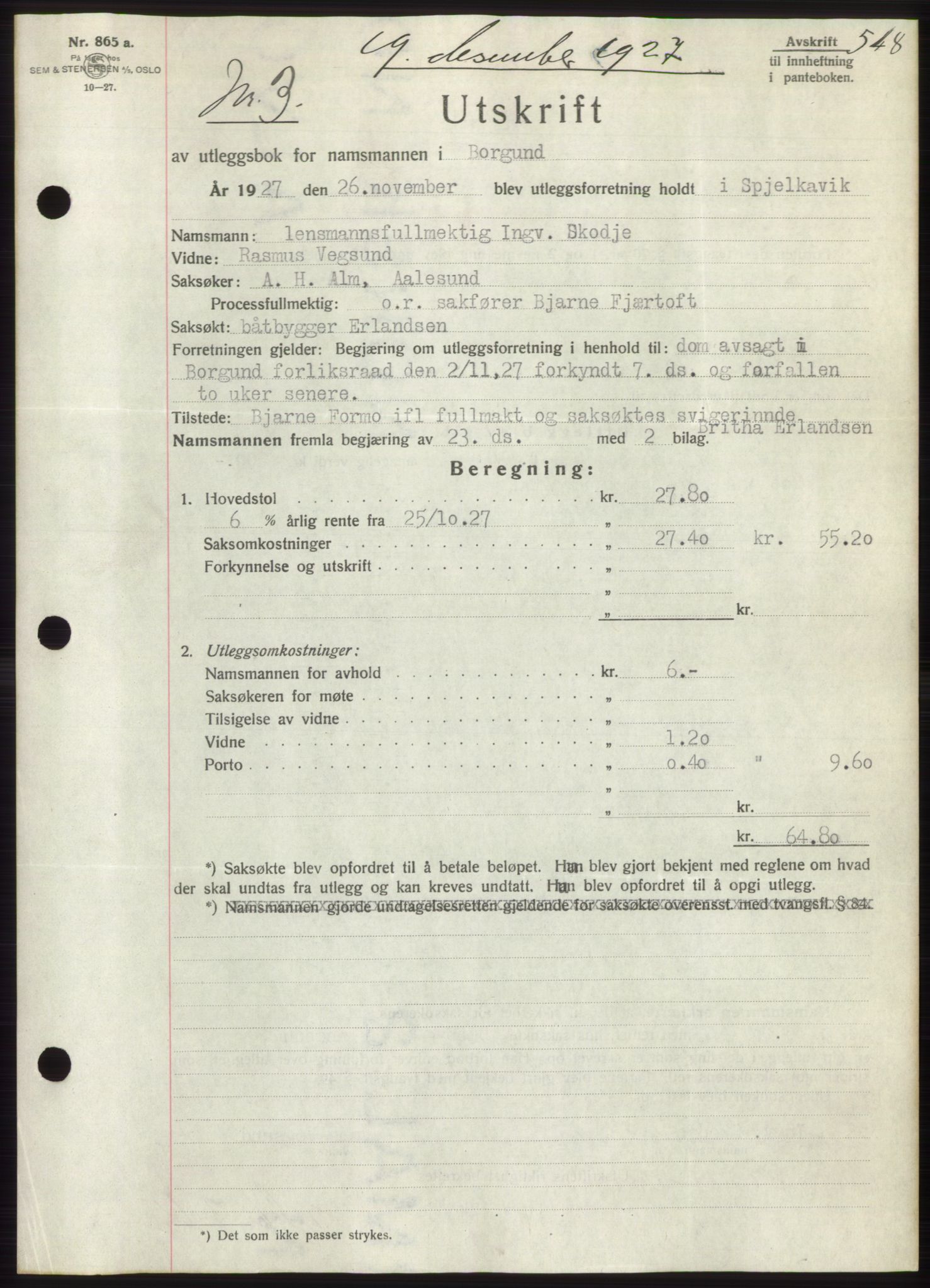 Nordre Sunnmøre sorenskriveri, AV/SAT-A-0006/1/2/2C/2Ca/L0037: Pantebok nr. 40, 1927-1927, Tingl.dato: 19.12.1927