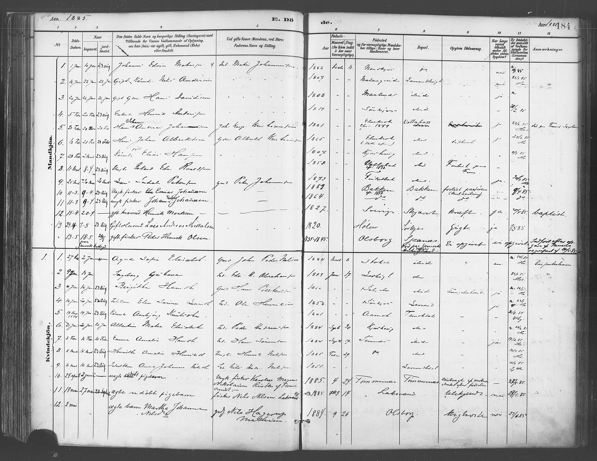 Balsfjord sokneprestembete, AV/SATØ-S-1303/G/Gaa/L0005kirke: Ministerialbok nr. 5, 1884-1897, s. 184