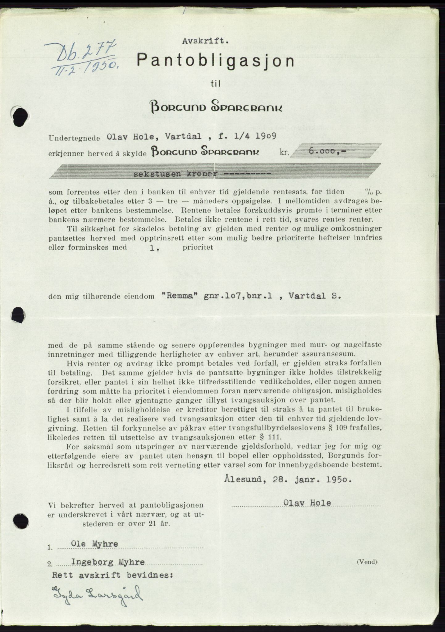 Søre Sunnmøre sorenskriveri, SAT/A-4122/1/2/2C/L0118: Pantebok nr. 6B, 1949-1950, Dagboknr: 277/1950
