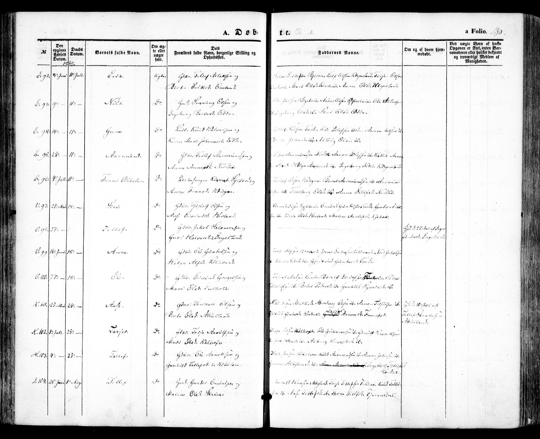 Evje sokneprestkontor, AV/SAK-1111-0008/F/Fa/Faa/L0005: Ministerialbok nr. A 5, 1843-1865, s. 130