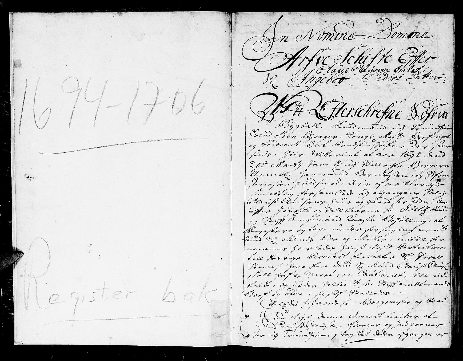 Trondheim byfogd, SAT/A-0003/1/3/3A/L0005: Skifteprotokoll - gml.nr.5. (m/ register), 1694-1706