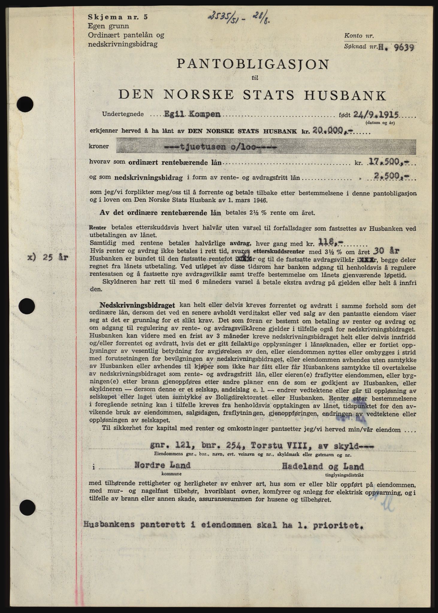 Hadeland og Land tingrett, SAH/TING-010/H/Hb/Hbc/L0022: Pantebok nr. B22, 1951-1951, Dagboknr: 2535/1951