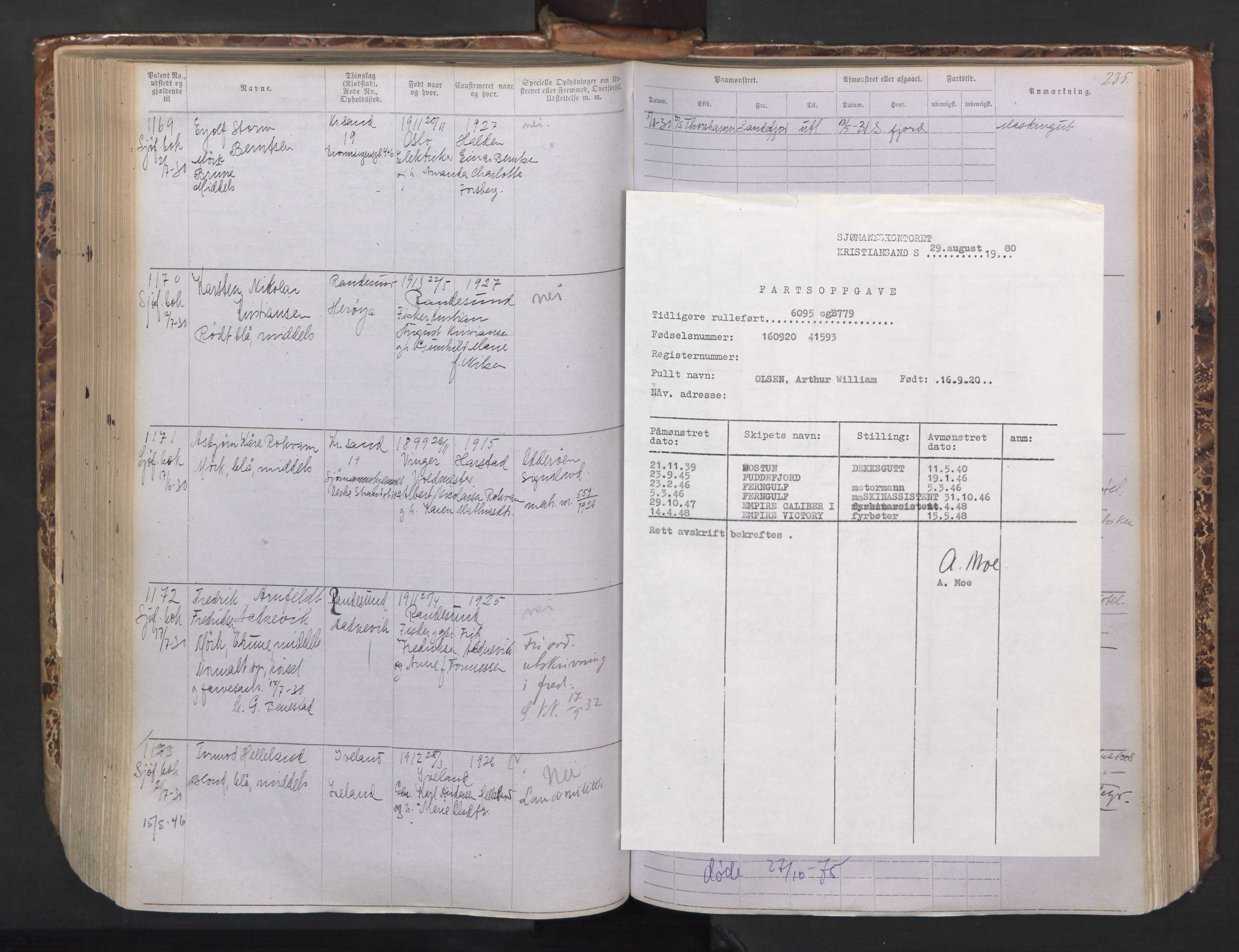 Kristiansand mønstringskrets, AV/SAK-2031-0015/F/Fa/L0008: Annotasjonsrulle nr 1-1330 med register, I-6, 1915-1948, s. 263